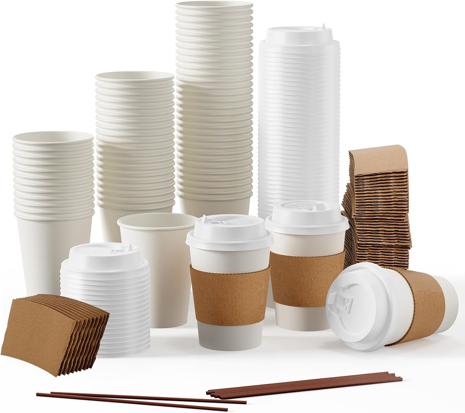 Pack de 100 gobelets en papier de 12 oz, Grossiste en verre jetable avec couvercles, manchons et agitateurs, idéal pour boissons chaudes et froides, personnalisé avec votre logo, fournisseur pour maisons, magasins et cafés.