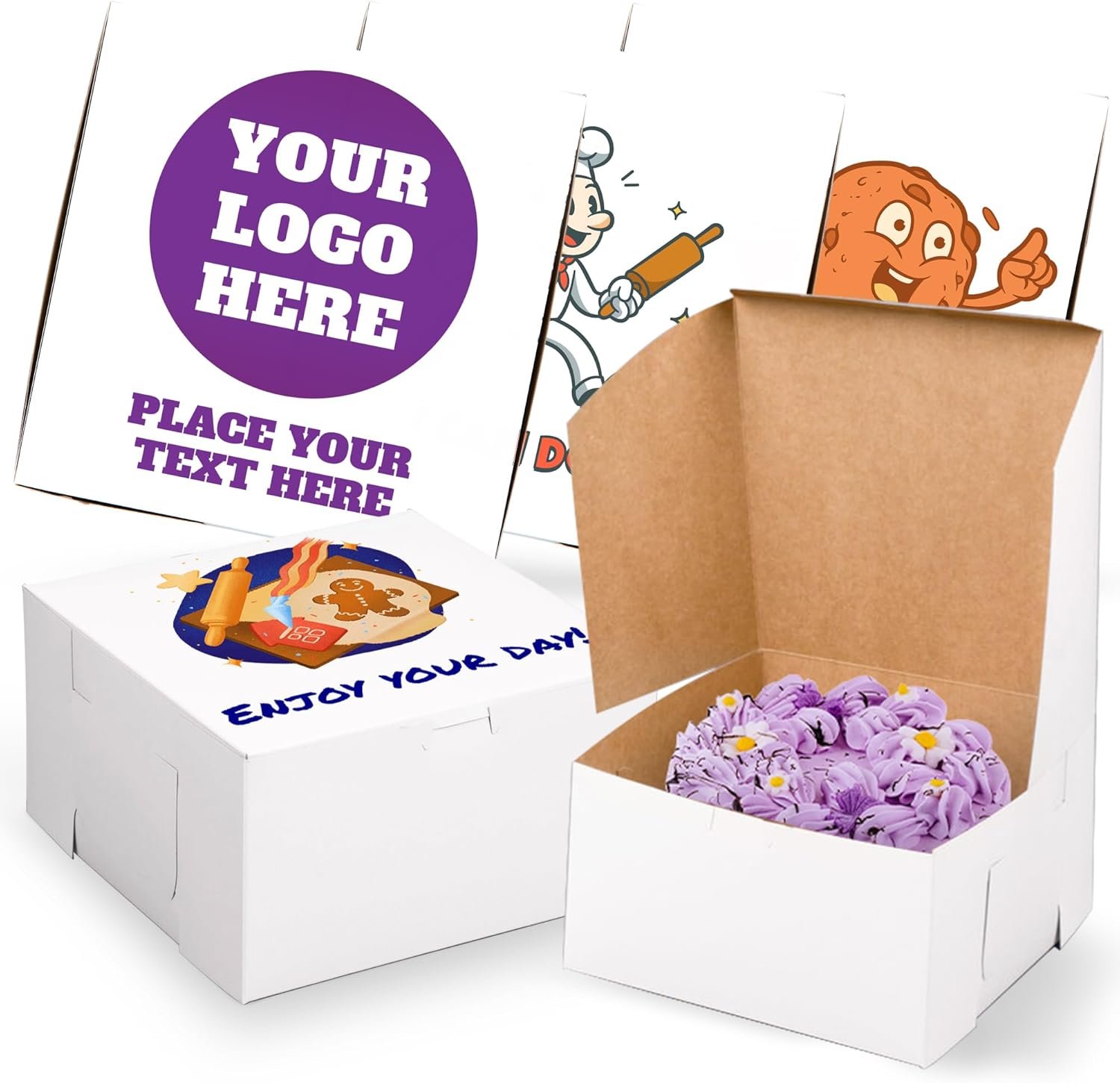 Boîtes à pâtisserie personnalisées en gros - Boîtes blanches personnalisables pour gâteaux, cookies et tartes 9" x 9" x 5" avec logo - Fabricant et fournisseur avec option OEM