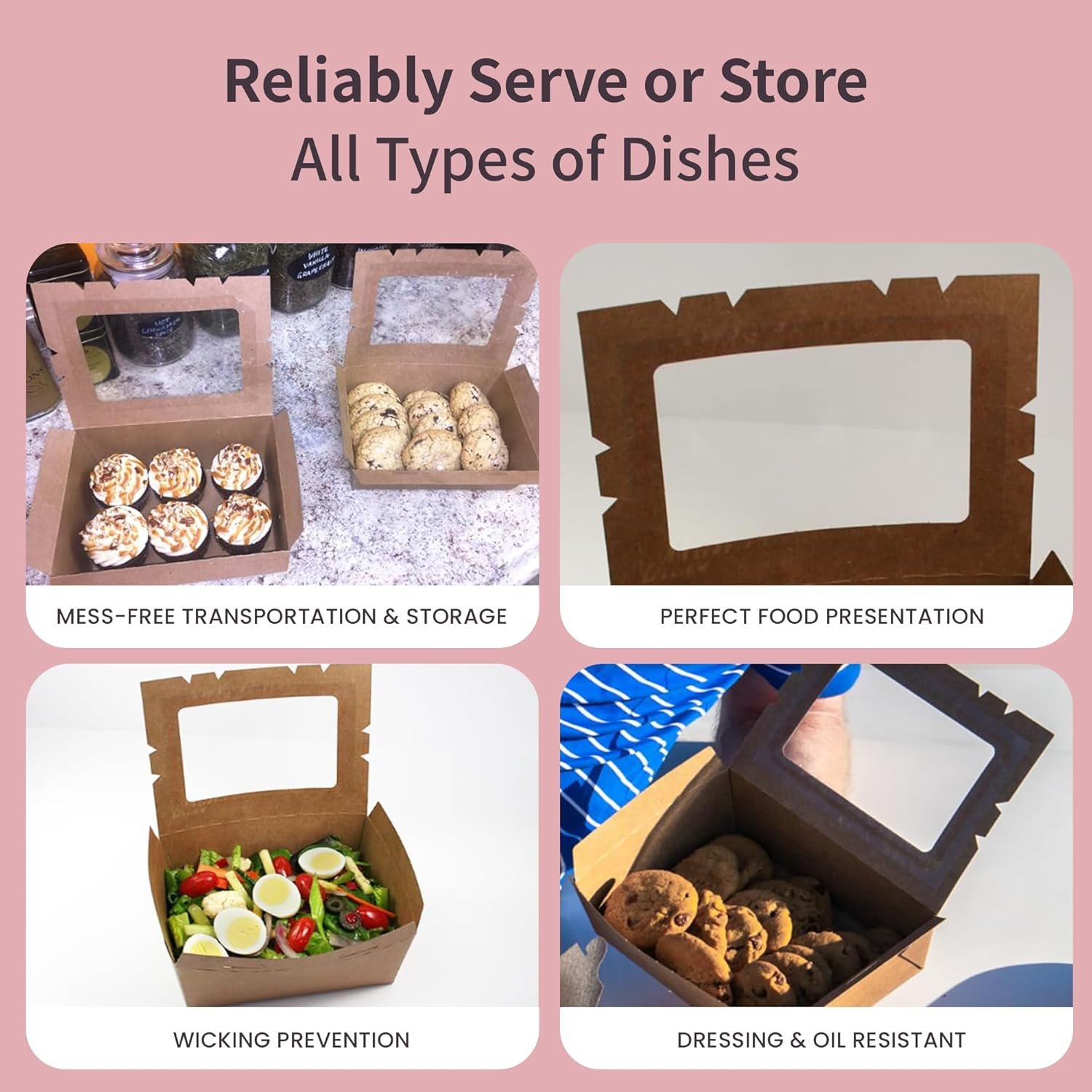 Grossiste de Cartons Kraft à Fenêtre pour Café, Boîtes en Papier Jetables pour Aliments à Emporter, Taille 7 3⁄4” x 5 1⁄2” x 3 1⁄2”, Logo Personnalisé, Fournisseur en Vrac, Pack de 15