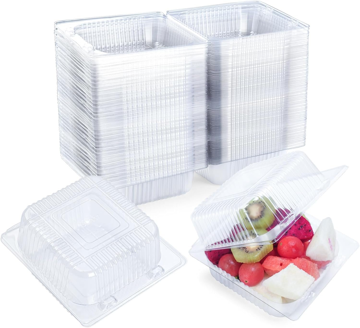 Grossiste de contenants plastiques transparents avec couvercles, 100 pièces, pour aliments - OEM, boîtes clamshell épaisses pour parts de gâteaux, desserts, hamburgers, salades, pâtisseries, fruits, plateaux à emporter.