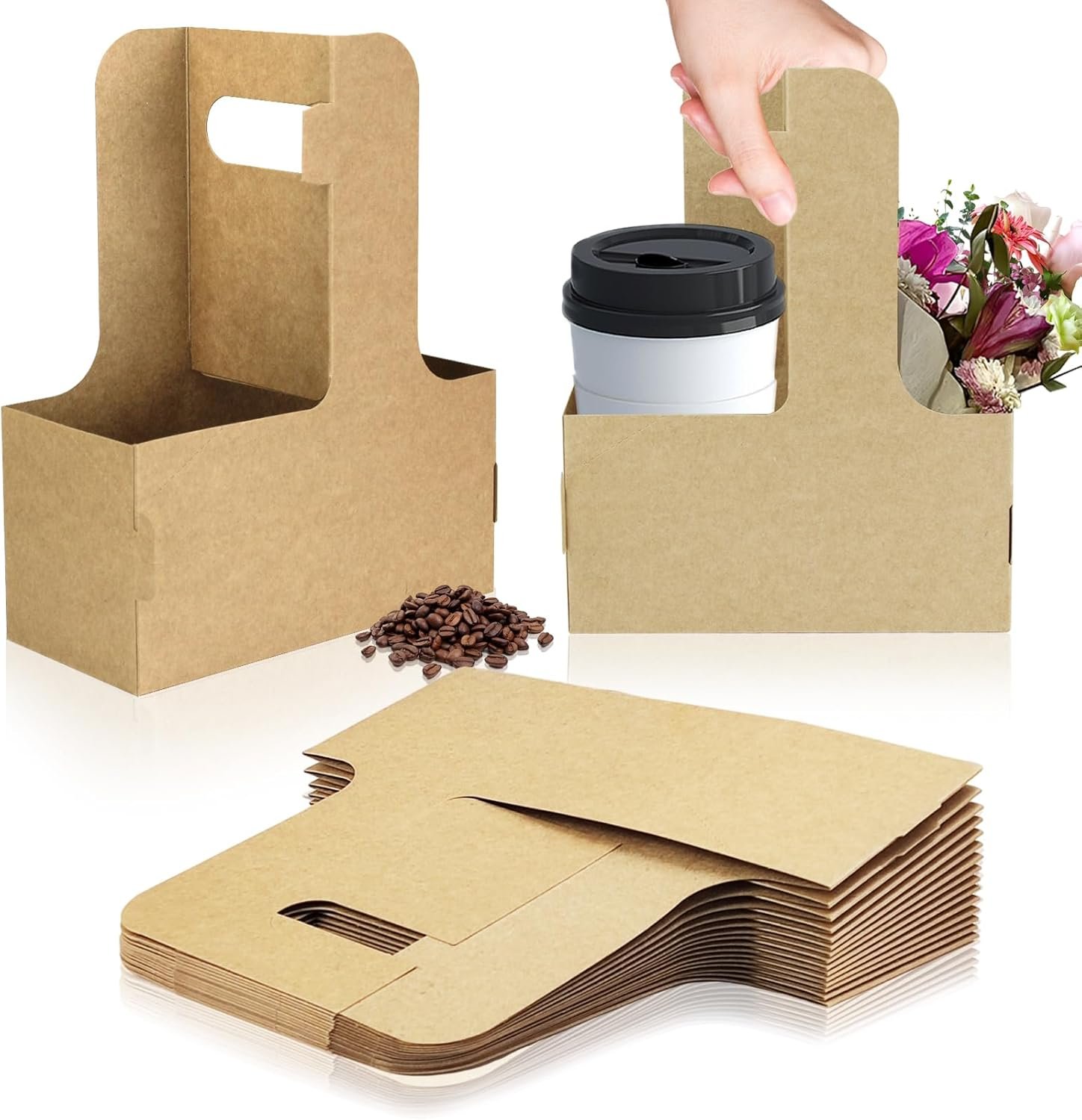 Grossiste en porte-gobelets en carton kraft 15 pièces avec poignée pour livraison, transport de boissons chaudes ou froides, marque blanche de support à café, solutions de livraison alimentaire.