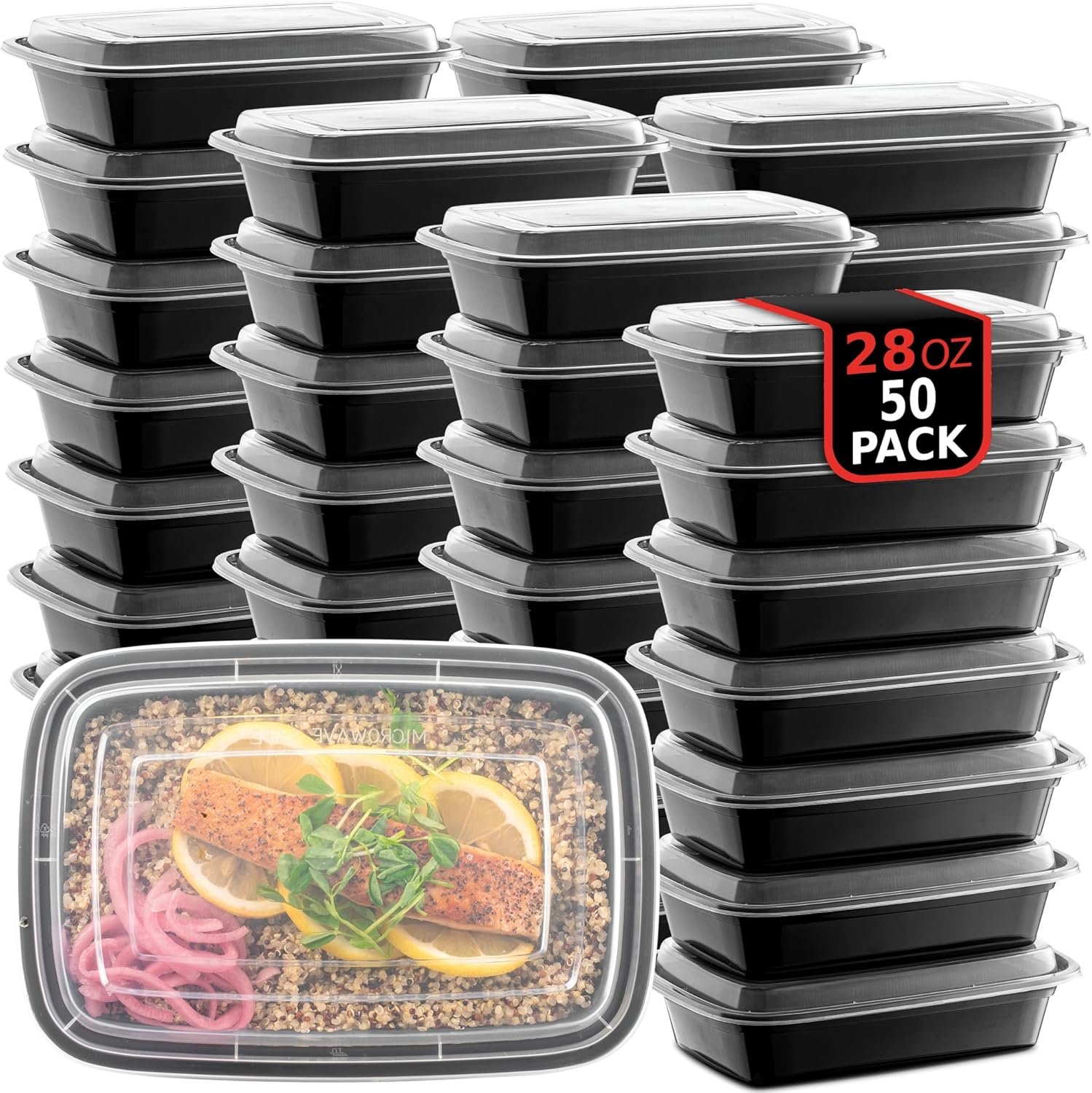 Grossiste en conteneurs réutilisables pour préparation de repas, 50-Pack de boîtes à lunch en plastique de 28 oz, compartiment unique, sécuritaires pour micro-ondes, vaisselle et congélateur, avec couvercles, logo personnalisé, sans BPA, vente en gros.