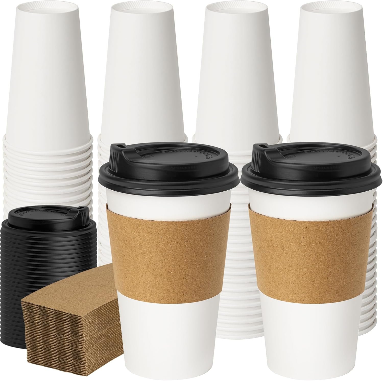 Grossiste en Vrac de gobelets en papier jetables 50 pièces 16oz, gobelets à café pour boissons chaudes avec couvercles et manchons, fabriqué par un fournisseur de matériel 300gsm, dimensions 2.4" x 5.3" x 3.5", option de logo personnalisé disponible.