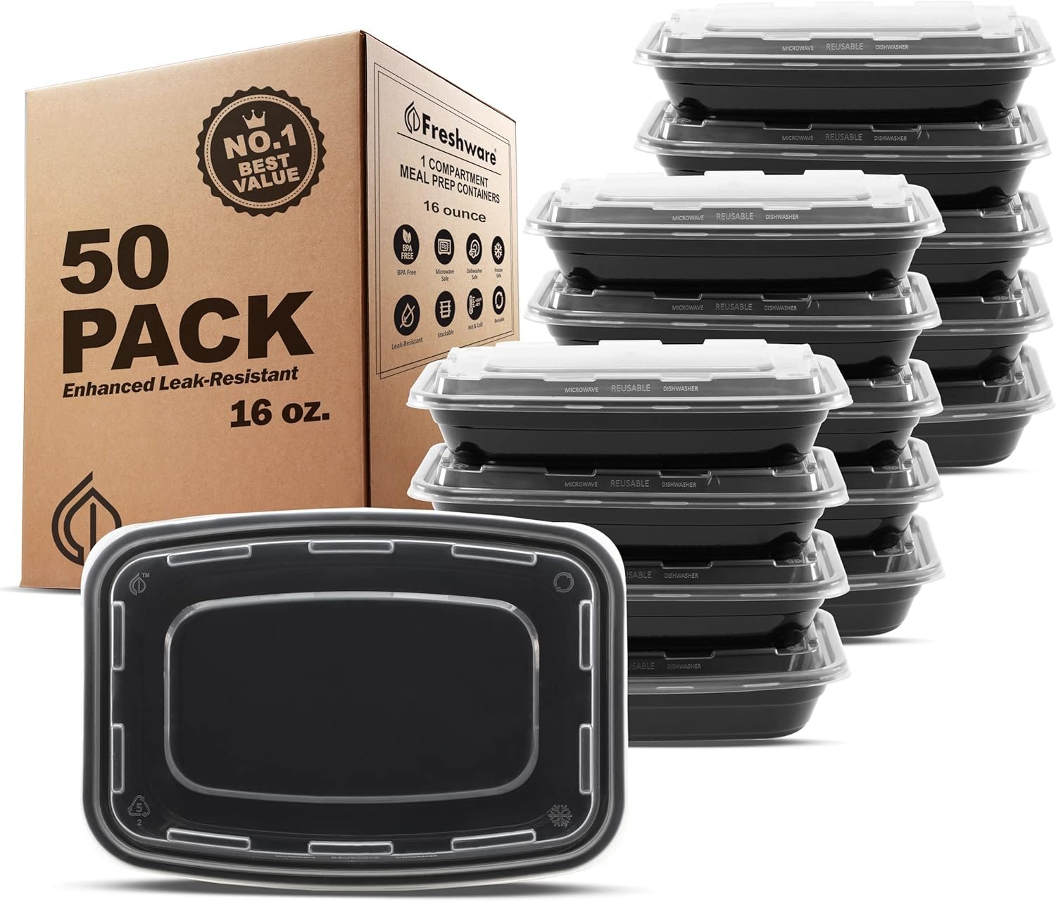Grossiste de contenants alimentaires en vrac [50 pièces] 1 compartiment avec couvercles, boîte bento, sans BPA, empilables, compatibles avec micro-ondes, lave-vaisselle et congélateur (16 oz), logo personnalisé, fabricant.