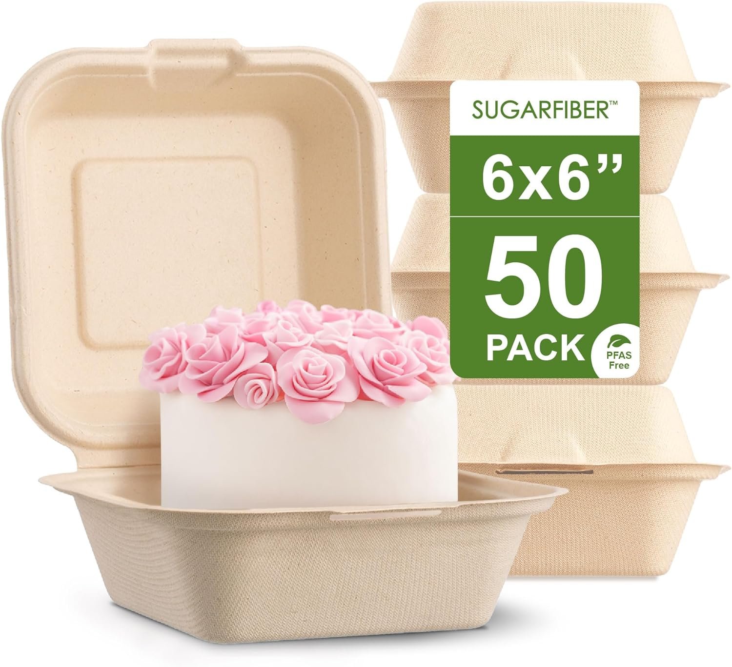 Grossiste Contenants Alimentaires Compostables 6 X 6" en Bagasse, Personnalisation de Logo, Fournisseur de Solutions Écologiques, Boite à Gâteau Écologique avec Couvercles, Ventes en Gros, PFAS GRATUITS