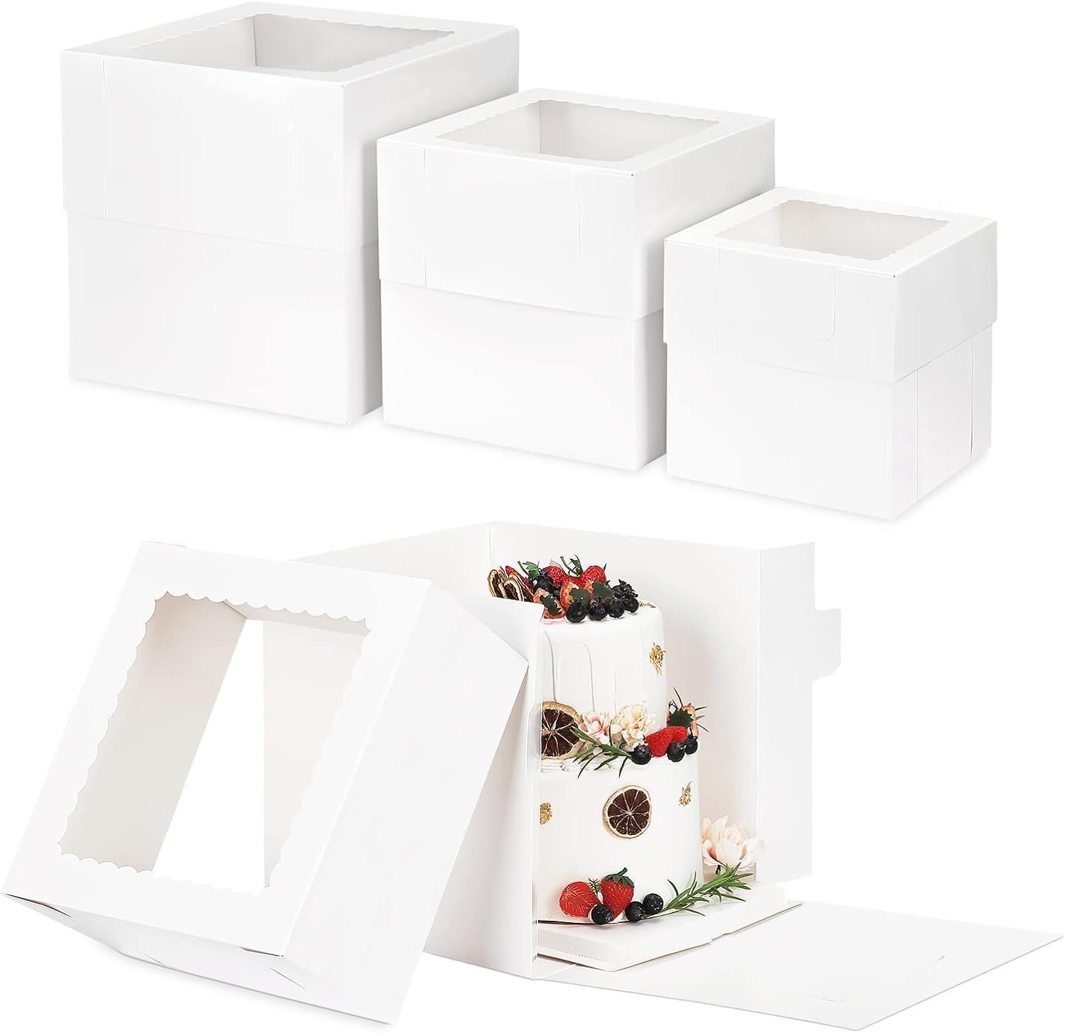 Grossiste en Vrac, boîtes à gâteaux hautes avec fenêtre disponibles en 3 tailles 12x12x12, 10x10x10, 8x8x8 pouces, conteneurs jetables pour pâtisserie, personnalisation possible avec logo, vente en gros idéale pour la Saint-Valentin et la fête des mères.