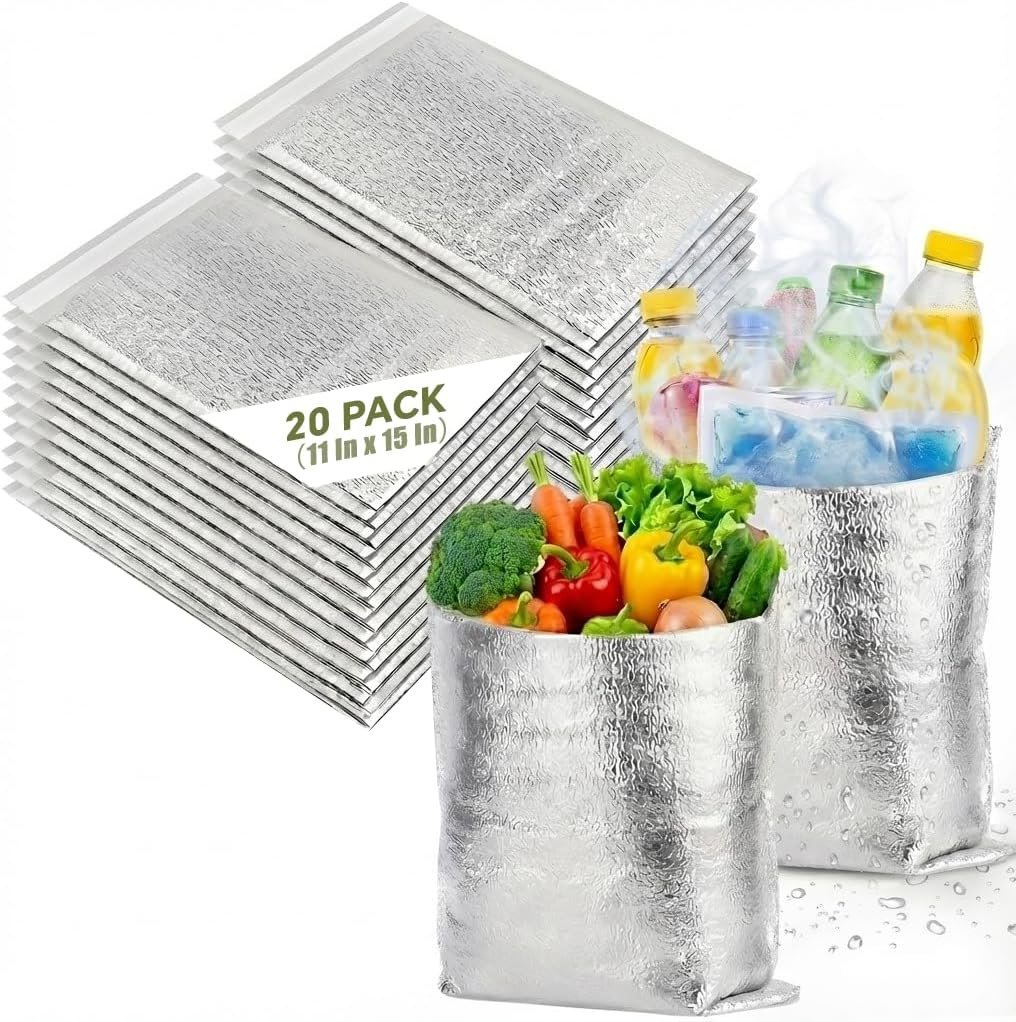 Grossiste sacs d'isolation réutilisables 20 pièces 11 x 15 pouces, contenant des doublures thermiques métallisées, offrant un emballage imperméable et inséré pour la nourriture et le shopping, avec le logo personnalisé. Fabricant d'emballages isolants pour une vente en gros.