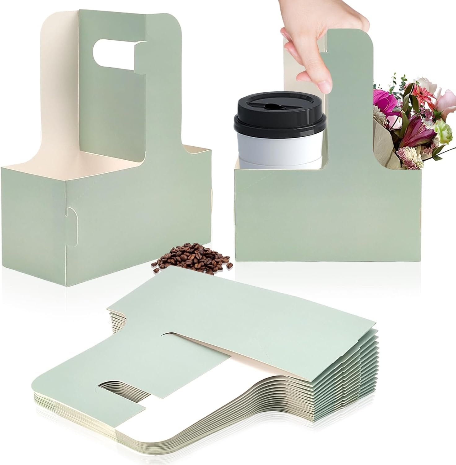 Grossiste porte-gobelets jetables 2 tasses avec poignée, support pour 15 gobelets en papier vert, idéal pour café ou boissons froides, logo personnalisé, fournisseur de solutions de livraison, vente en gros (15 pièces)