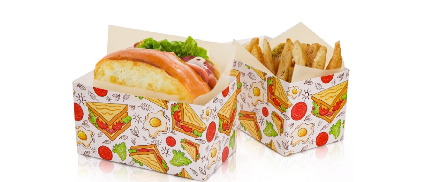 Grossiste 100 PCS Boîtes à sandwich jetables, contenants pour œufs à emporter, mini boîtes à burgers et plateaux pour pain, idéal pour frites, dessert, gaufres, pâtisseries, lancement de marque blanche. Fabricant de solutions pour entreprises alimentaires. OEM disponible.