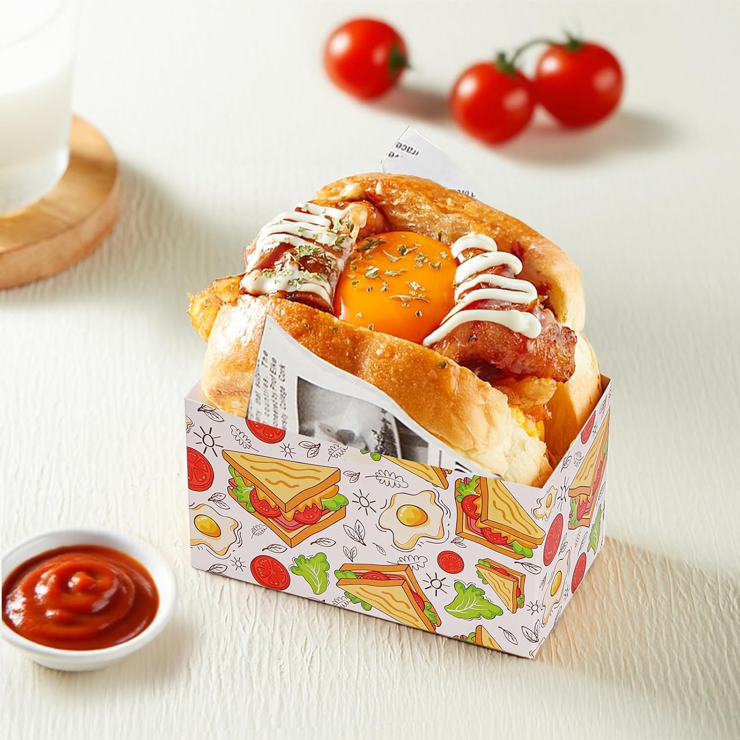 Grossiste 100 PCS Boîtes à sandwich jetables, contenants pour œufs à emporter, mini boîtes à burgers et plateaux pour pain, idéal pour frites, dessert, gaufres, pâtisseries, lancement de marque blanche. Fabricant de solutions pour entreprises alimentaires. OEM disponible.