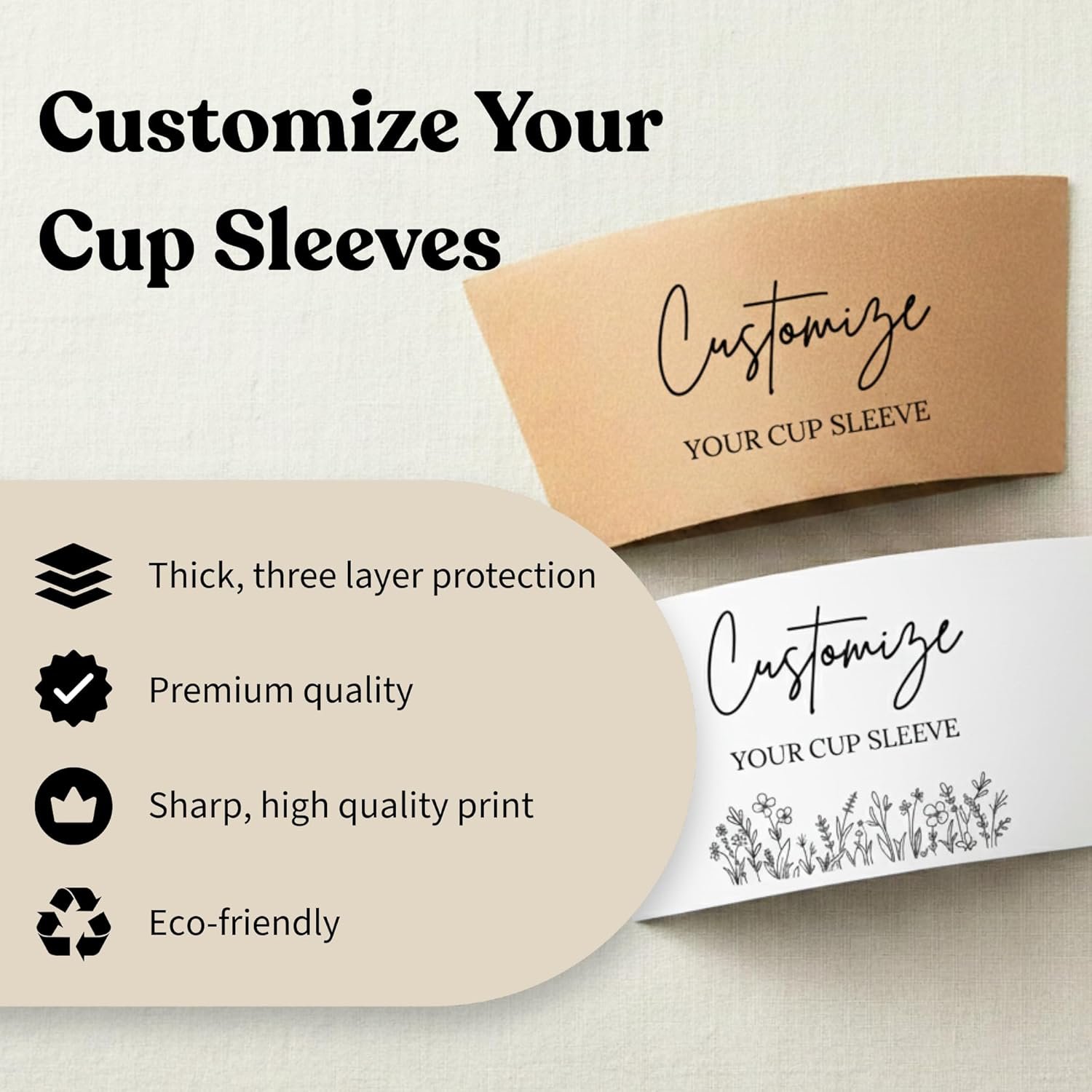 Grossiste de manchons à café en kraft personnalisés blancs – Manchons isothermes pour boissons chaudes et froides, adaptés aux cafétérias et événements. Logo personnalisé, convient aux gobelets standards (paquet de 25, 50, 100) avec Fabricant fiable.