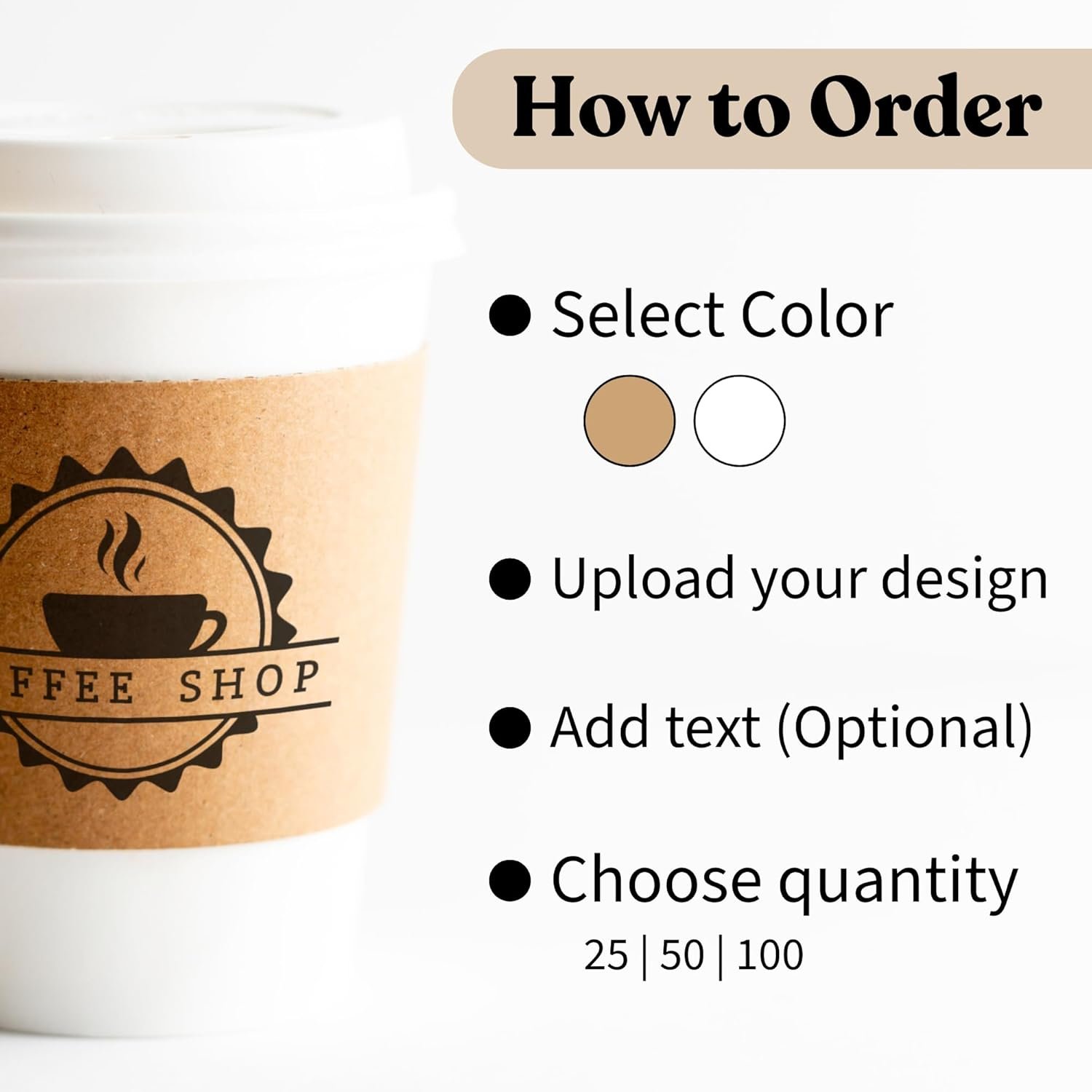 Grossiste de manchons à café en kraft personnalisés blancs – Manchons isothermes pour boissons chaudes et froides, adaptés aux cafétérias et événements. Logo personnalisé, convient aux gobelets standards (paquet de 25, 50, 100) avec Fabricant fiable.