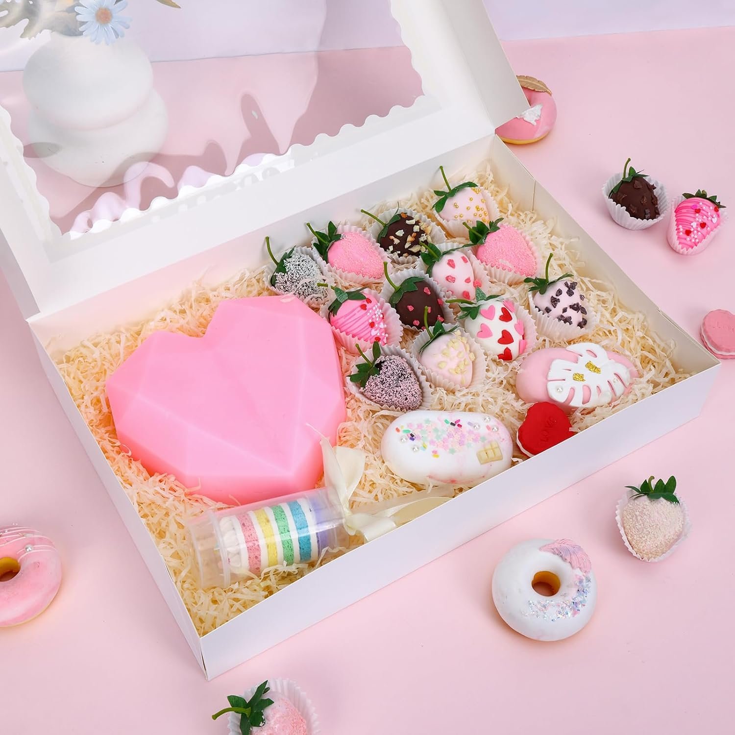Boîtes à pâtisserie en vrac de 40 pièces, 16x11x2,5 pouces, avec fenêtre pour donuts, douceurs, pâtisseries, tartes, muffins et fraises en chocolat, fournisseur pour logo personnalisé.