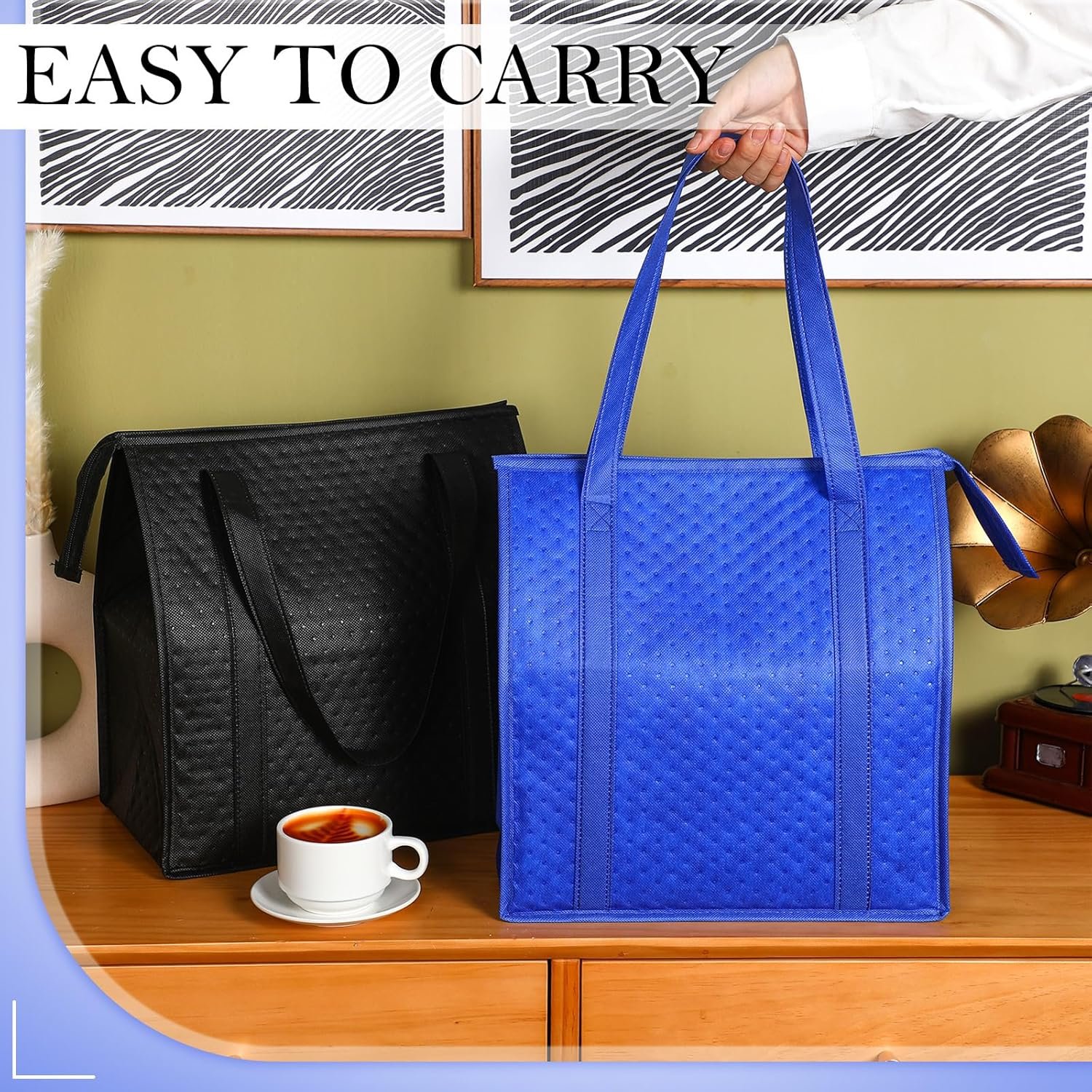 Grossiste en sacs de courses réutilisables isothermes 13 x 12 x 7 pouces, avec fermeture éclair, pour livraison de nourriture chaude ou froide, sacs thermiques en vrac avec poignées (bleu et noir) - Fabricant de solutions de stockage - Logo personnalisé disponible.