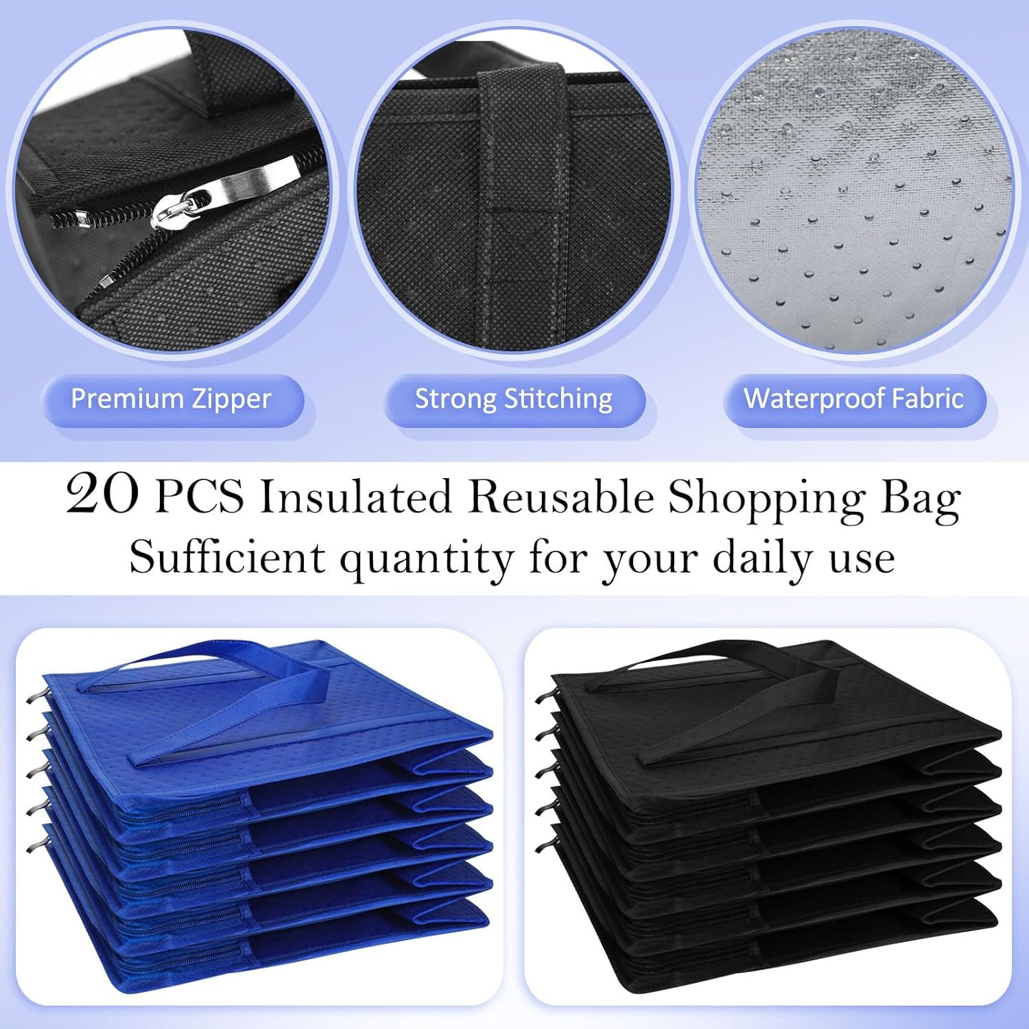 Grossiste en sacs de courses réutilisables isothermes 13 x 12 x 7 pouces, avec fermeture éclair, pour livraison de nourriture chaude ou froide, sacs thermiques en vrac avec poignées (bleu et noir) - Fabricant de solutions de stockage - Logo personnalisé disponible.