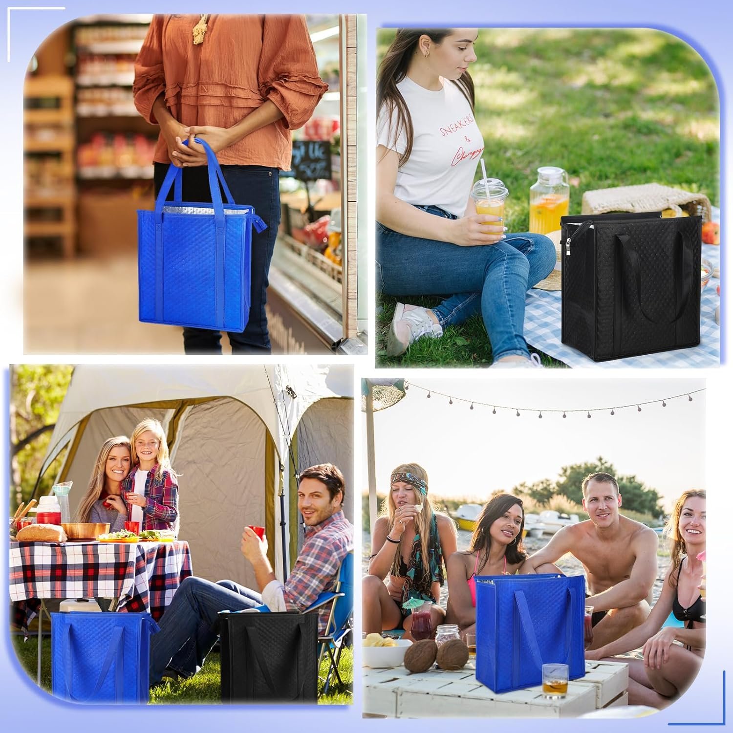 Grossiste en sacs de courses réutilisables isothermes 13 x 12 x 7 pouces, avec fermeture éclair, pour livraison de nourriture chaude ou froide, sacs thermiques en vrac avec poignées (bleu et noir) - Fabricant de solutions de stockage - Logo personnalisé disponible.