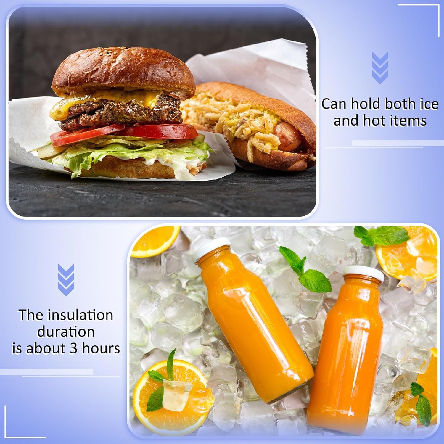 Grossiste en sacs de courses réutilisables isothermes 13 x 12 x 7 pouces, avec fermeture éclair, pour livraison de nourriture chaude ou froide, sacs thermiques en vrac avec poignées (bleu et noir) - Fabricant de solutions de stockage - Logo personnalisé disponible.