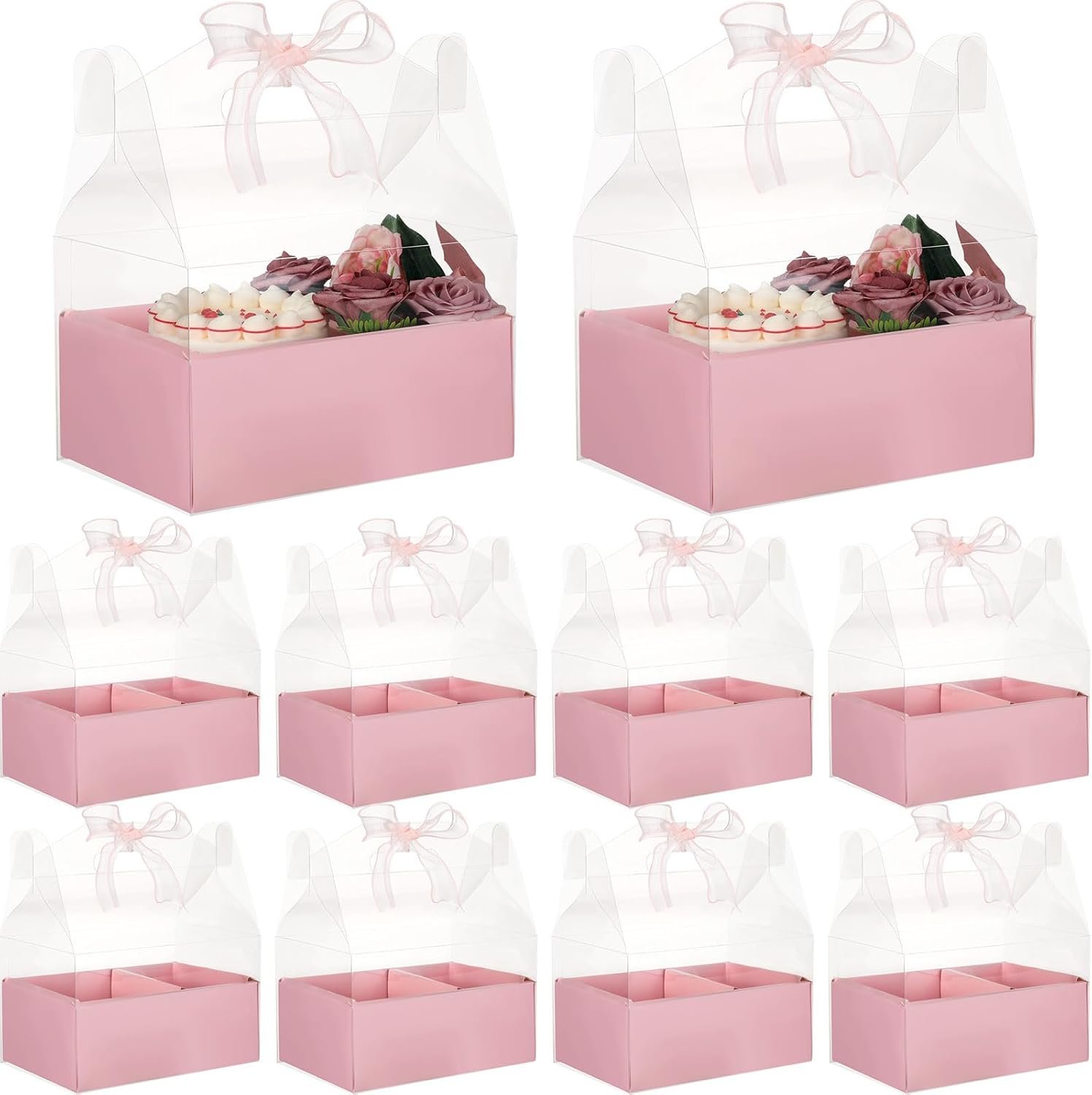 Grossiste boîte transparente à gobelet avec anse, 10 pièces pour gâteau et fleurs, dimensions 4 pouces, packaging cadeau pour fête des mères, mariage et anniversaire, fabricant de fournitures en vrac, logo personnalisé.