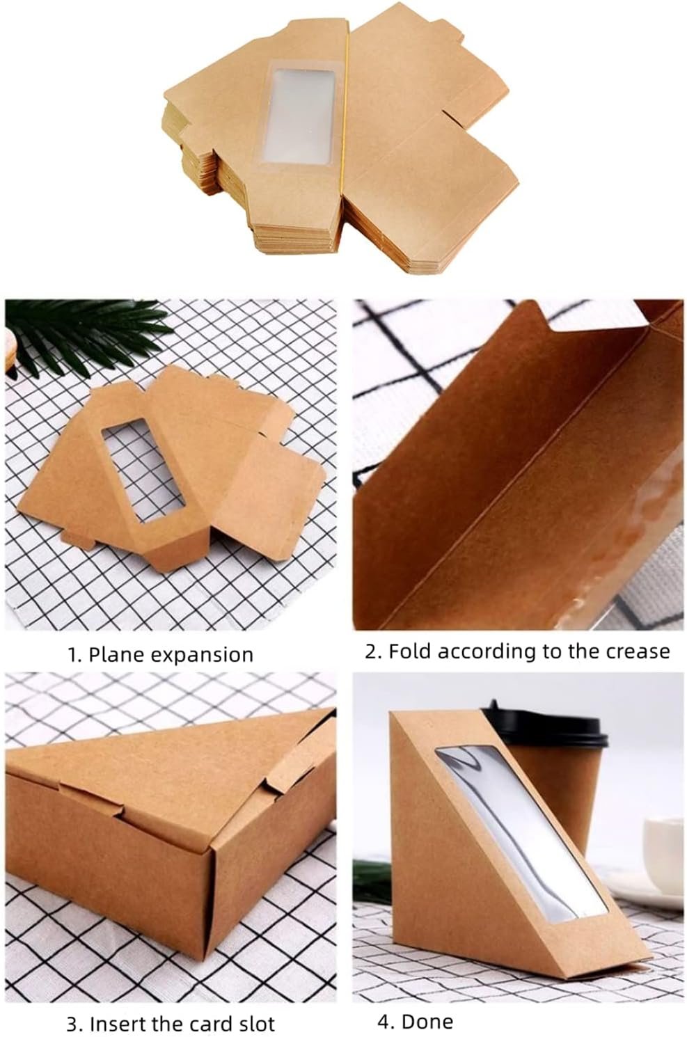 50 Pcs Boîtes à Sandwich en Papier Kraft avec Fenêtre, Grossiste Charcuterie Sushi Wedge Box, OEM Conteneur à Part, Vente en Gros pour Pâtisserie, Cheesecake et Tranche de Gâteau, Service de Restauration (Marron)