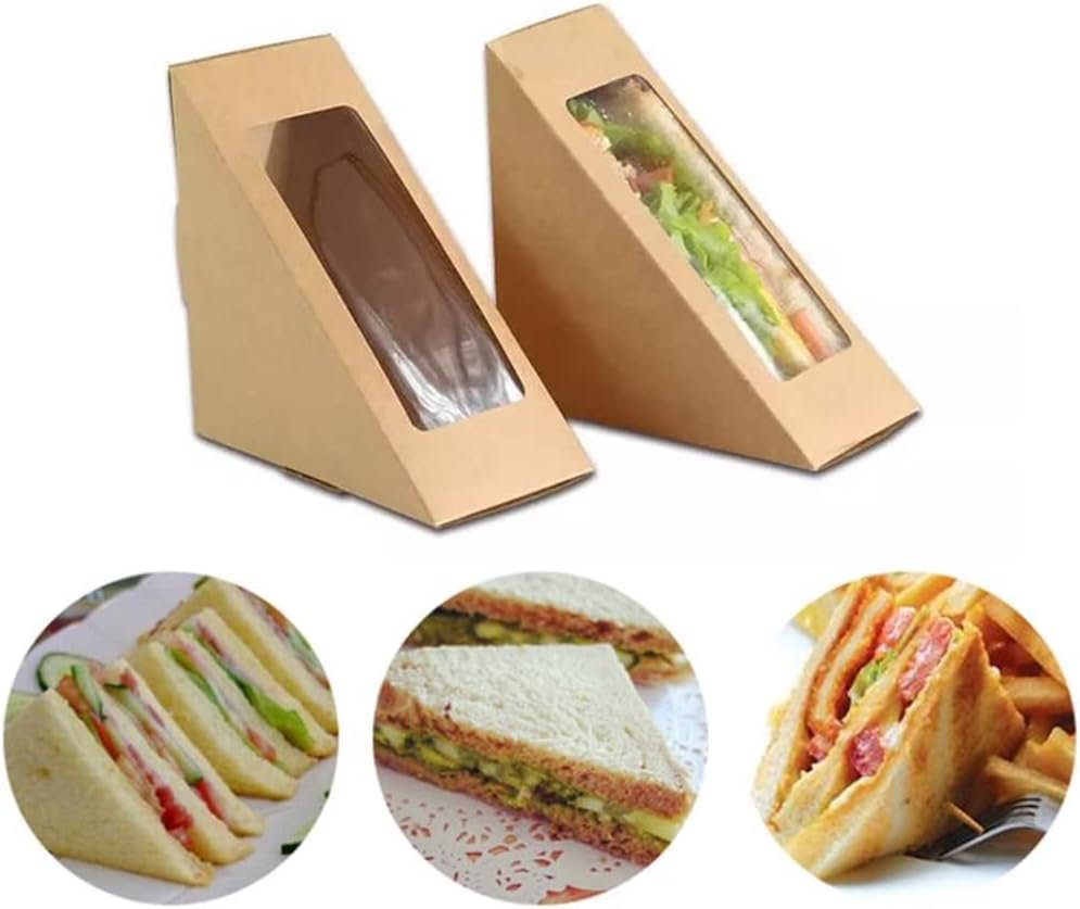 50 Pcs Boîtes à Sandwich en Papier Kraft avec Fenêtre, Grossiste Charcuterie Sushi Wedge Box, OEM Conteneur à Part, Vente en Gros pour Pâtisserie, Cheesecake et Tranche de Gâteau, Service de Restauration (Marron)