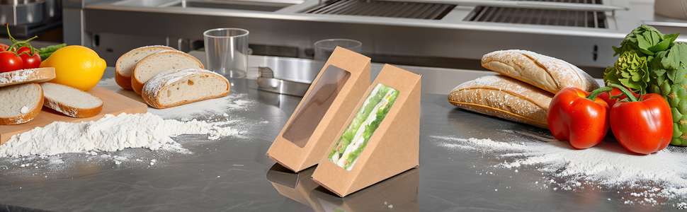 50 Pcs Boîtes à Sandwich en Papier Kraft avec Fenêtre, Grossiste Charcuterie Sushi Wedge Box, OEM Conteneur à Part, Vente en Gros pour Pâtisserie, Cheesecake et Tranche de Gâteau, Service de Restauration (Marron)