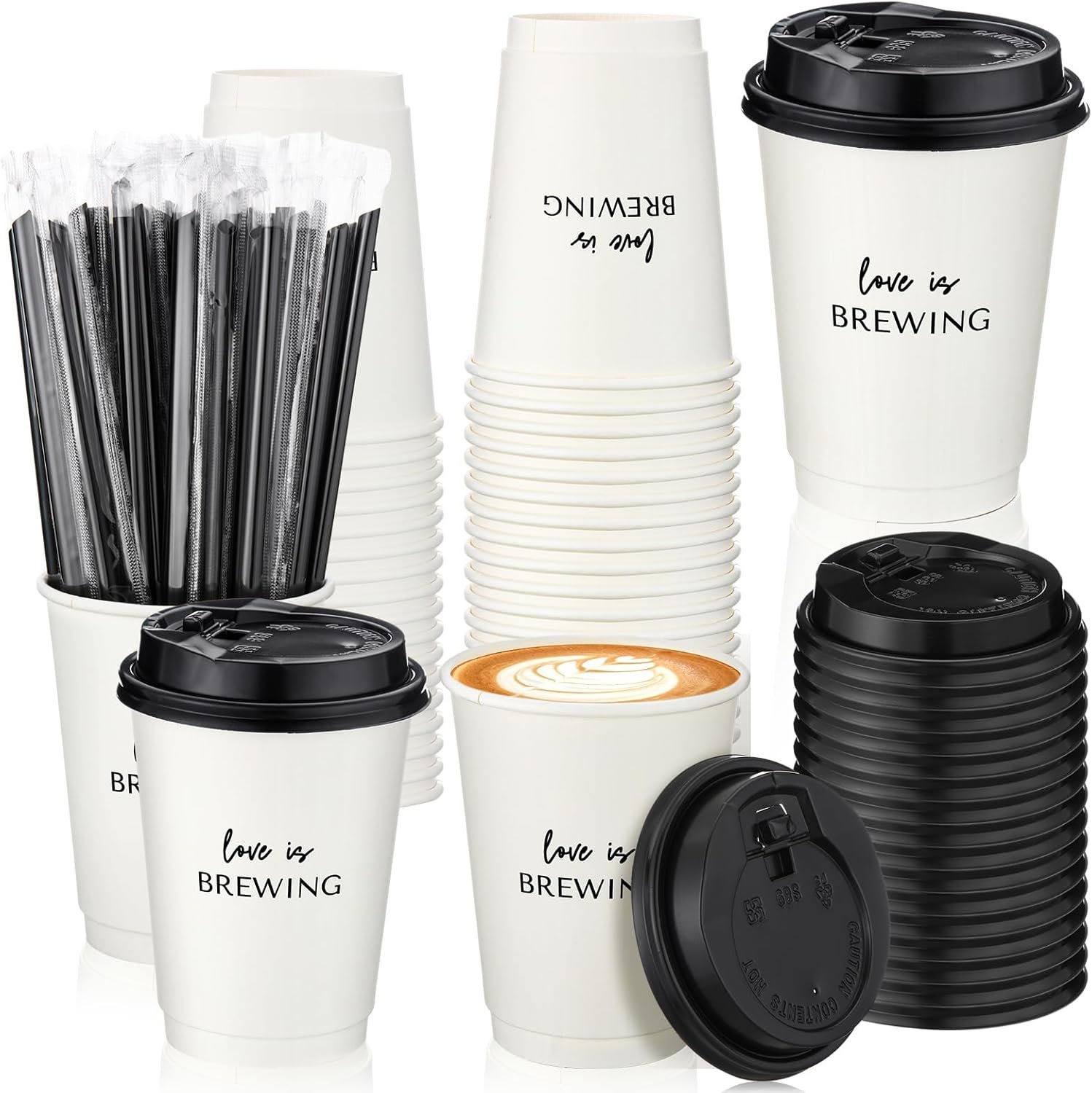 Cups en Vrac de 50 Pièces pour Mariage avec Logo Personnalisé, Gobelet en Papier à Usage Unique avec Couverture et Paille pour Décoration de Réception, Fournisseur de Fête de Mariage et Enterrement de Vie de Jeune Fille.