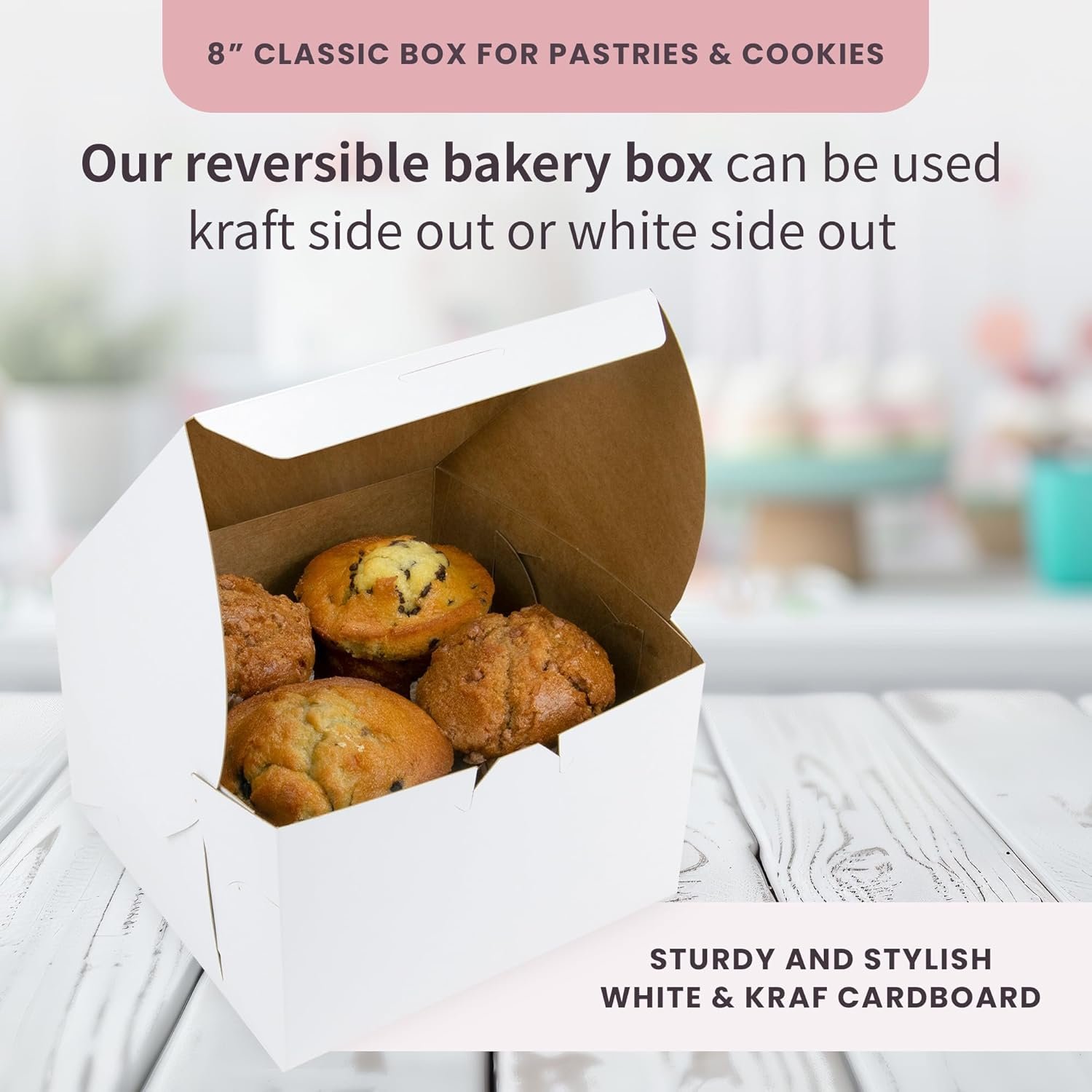 Grossiste Boîtes à Gâteau 8” Réversibles, Sécurisez votre Boîte à Gâteau avec des Clips Spéciaux et un Verrou Rabattable, Logo Personnalisé, Taille 8 x 8 x 5 (Pack de 50) Fabricant.