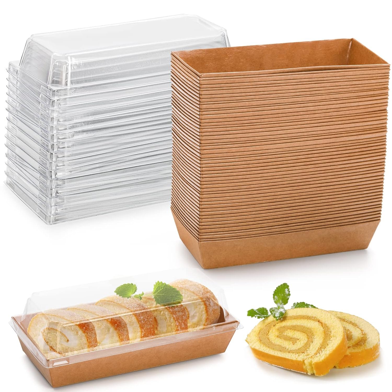 Containers à emporter en papier, 100 pièces, en vrac pour fabricants, emballages rectangulaires pour sushi et desserts, avec couvercles transparents, personnalisés pour les camions de restauration, gâteaux roulés, gaufres, biscuits et pains.
