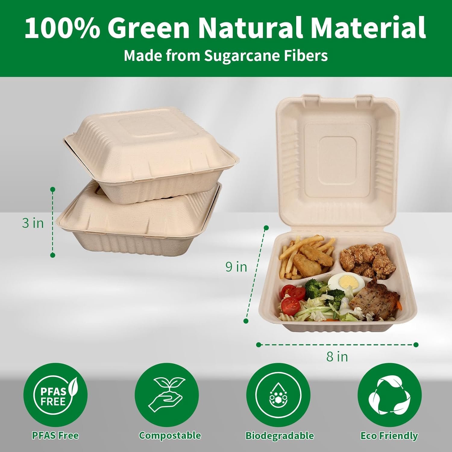 Grossiste Contenants à Emporter 8x9 Pouces en Bagasse Compostable avec Couvercle, 100 Pack de Boîtes à Lunch 3 Compartiments, Fabricant Écologique, Vente en Gros, Biodegradable et Sans PFAS Grossiste Contenants à Emporter 8x9 Pouces en Bagasse Compostable avec Couvercle, 100 Pack de Boîtes à Lunch 3 Compartiments, Fabricant Écologique, Vente en Gros, Biodegradable et Sans PFAS