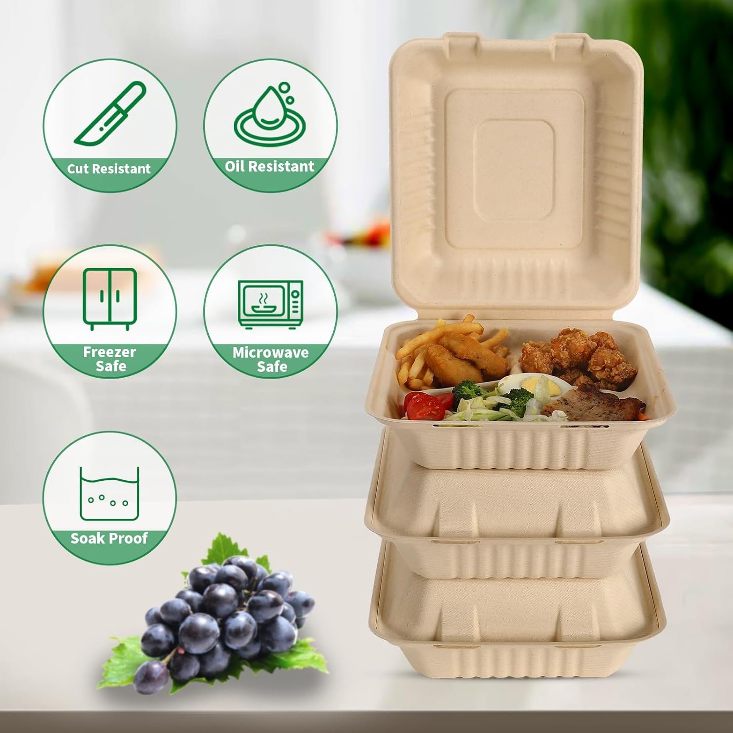 Grossiste Contenants à Emporter 8x9 Pouces en Bagasse Compostable avec Couvercle, 100 Pack de Boîtes à Lunch 3 Compartiments, Fabricant Écologique, Vente en Gros, Biodegradable et Sans PFAS Grossiste Contenants à Emporter 8x9 Pouces en Bagasse Compostable avec Couvercle, 100 Pack de Boîtes à Lunch 3 Compartiments, Fabricant Écologique, Vente en Gros, Biodegradable et Sans PFAS