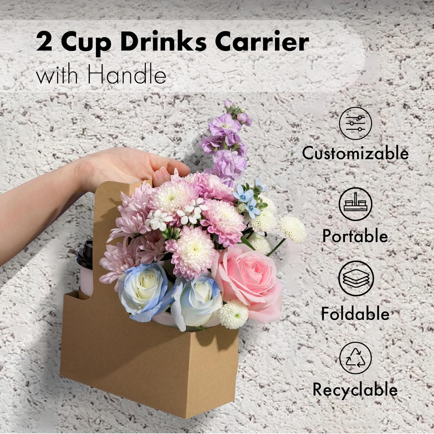 Grossiste en Vrac, porte-gobelets en papier kraft à poignée pour boissons de 12-30 oz, parfait pour café à emporter, OEM, 25 pièces pour boissons froides et chaudes, idéale pour la fête des mères et la Saint-Valentin.