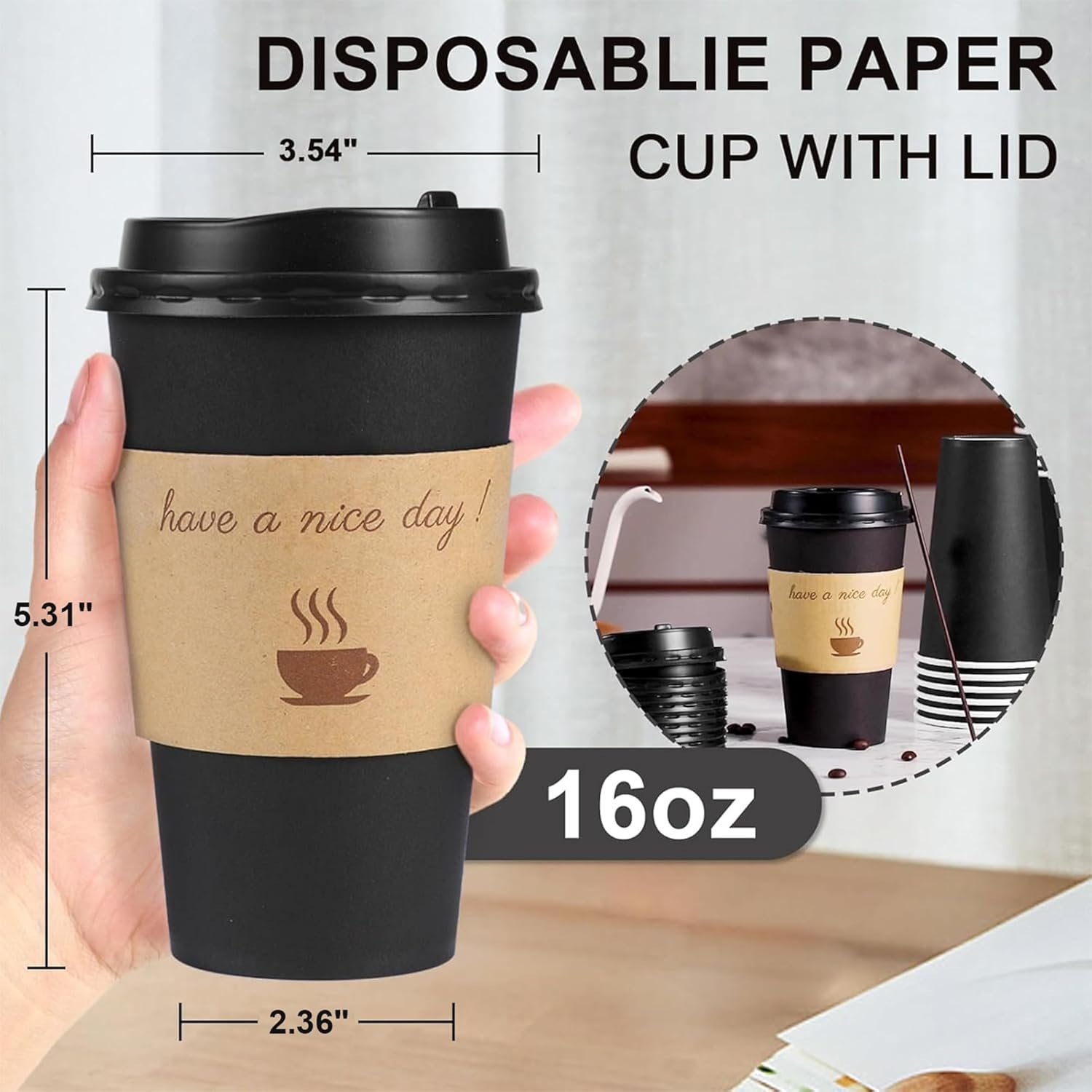 Grossiste gobelets à café jetables de 16 oz avec couvercles et manchons, OEM avec bâtonnets d'agitation, vente en gros pour boissons chaudes et froides au bureau, à la maison, dans les magasins ou lors d'événements (Noir)