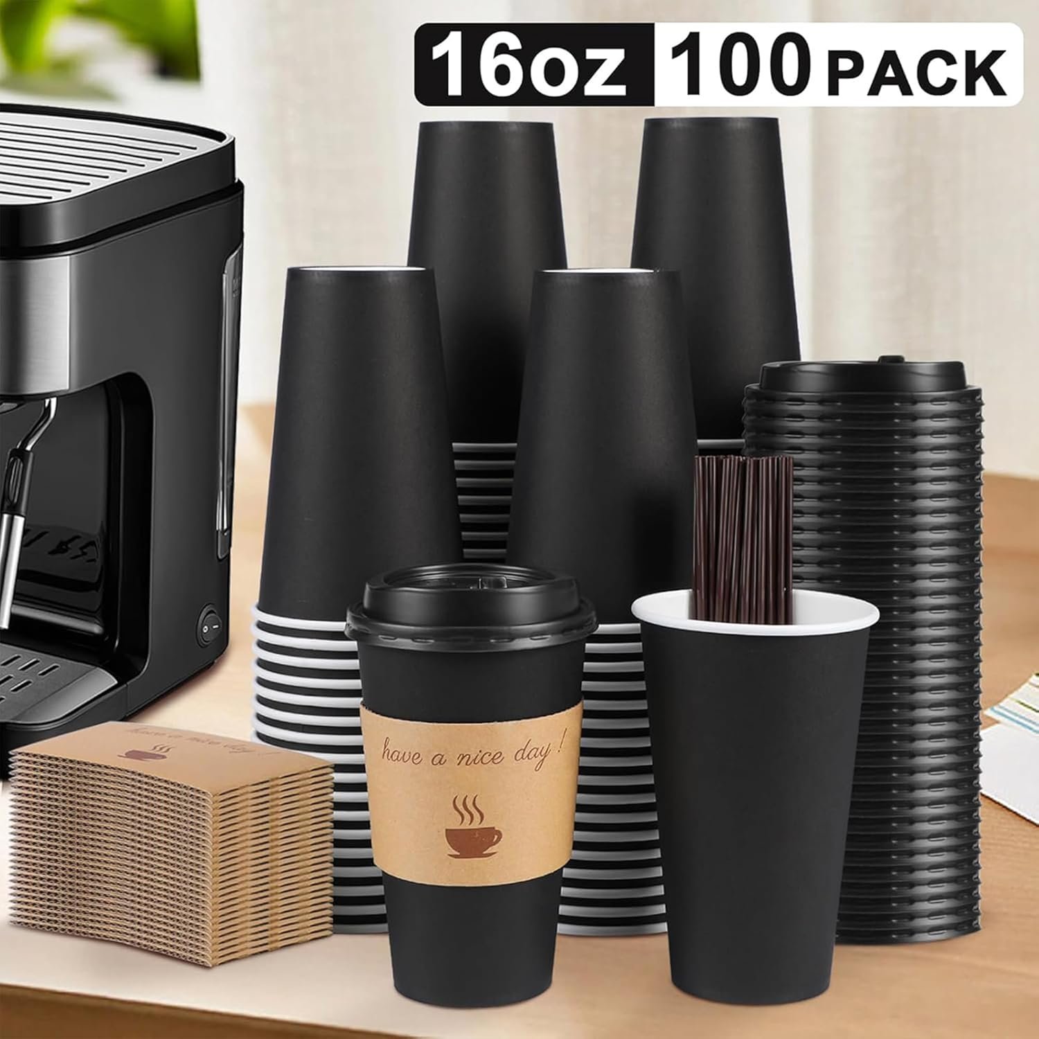 Grossiste gobelets à café jetables de 16 oz avec couvercles et manchons, OEM avec bâtonnets d'agitation, vente en gros pour boissons chaudes et froides au bureau, à la maison, dans les magasins ou lors d'événements (Noir)