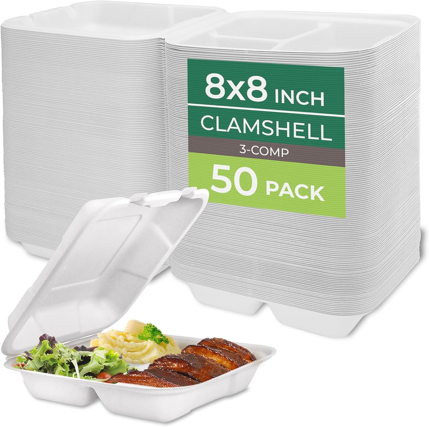 Grossiste conteneurs alimentaires compostables 3 compartiments 8x8" - Fournisseur d'emballages biodégradables en canne à sucre, vente en gros, conteneurs empilables, adaptés au micro-ondes et au congélateur. Logo personnalisé disponible.
