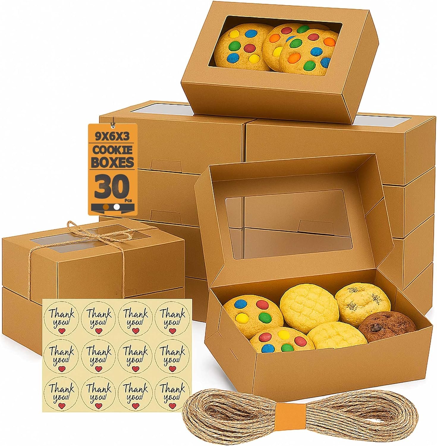Boîtes à biscuits 30 pièces avec fenêtre pour cadeaux - 9x6x3 pouces, fournisseur de contenants pour friandises, desserts et pâtisseries, logo personnalisé, vente en gros, couleur marron.