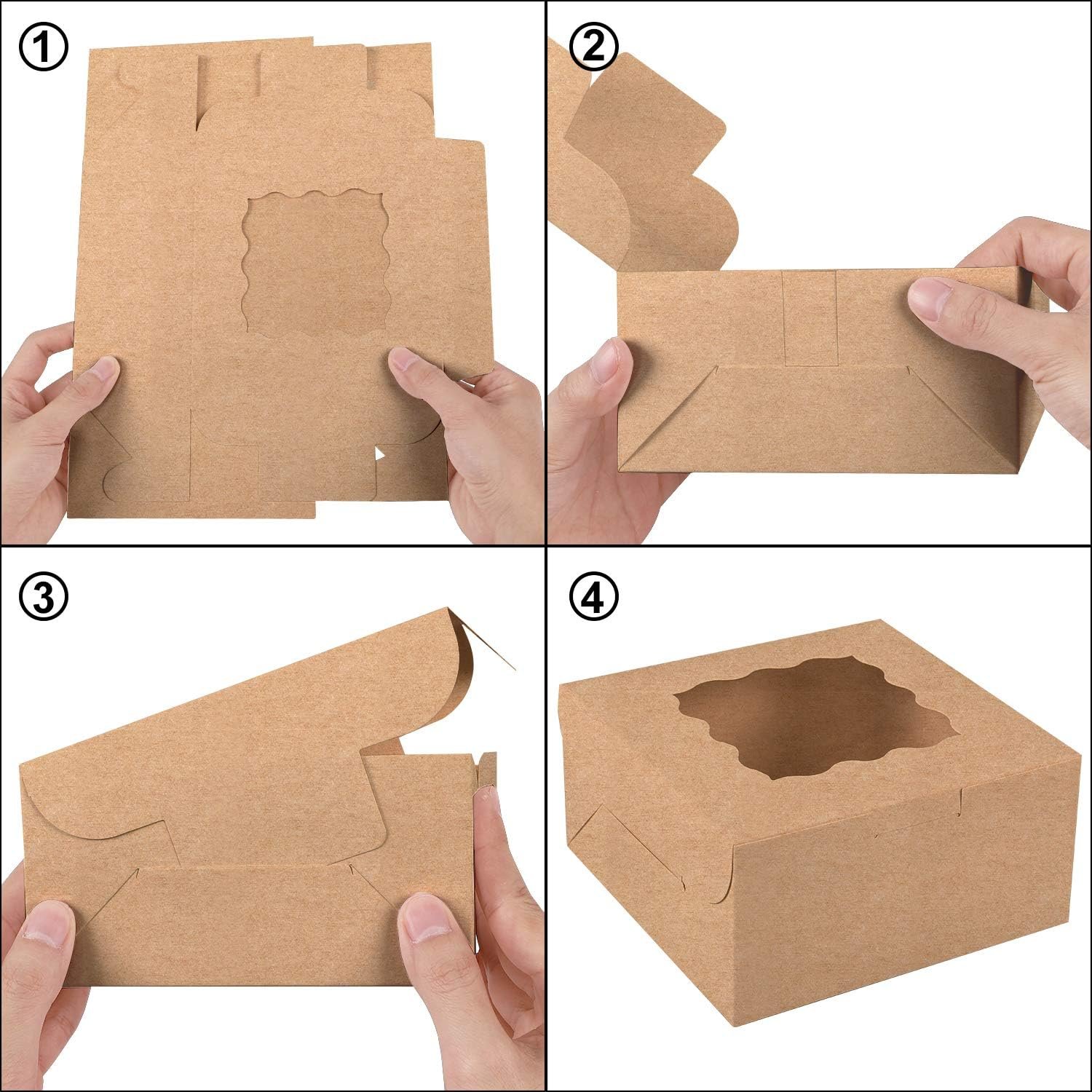 Grossiste Boxes de Pâtisserie en Vrac 24pcs 6x6x3in, Boîtes à Cookies en Brun avec Fenêtre, Papier Parchment et Autocollants Inclus, Fabricant de Boîtes pour Fête, Mariage, Anniversaire, Logo Personnalisé