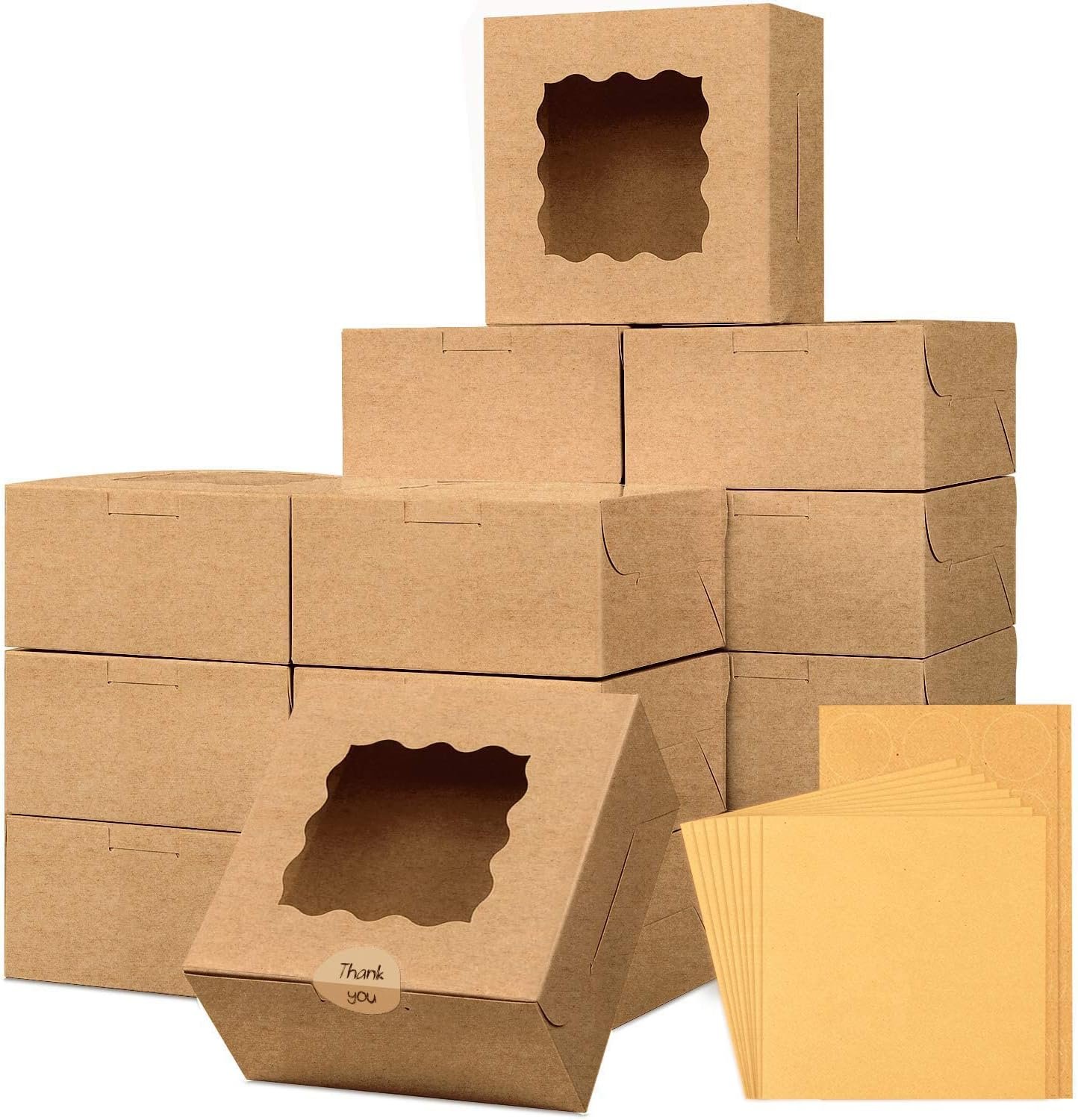 Grossiste Boxes de Pâtisserie en Vrac 24pcs 6x6x3in, Boîtes à Cookies en Brun avec Fenêtre, Papier Parchment et Autocollants Inclus, Fabricant de Boîtes pour Fête, Mariage, Anniversaire, Logo Personnalisé
