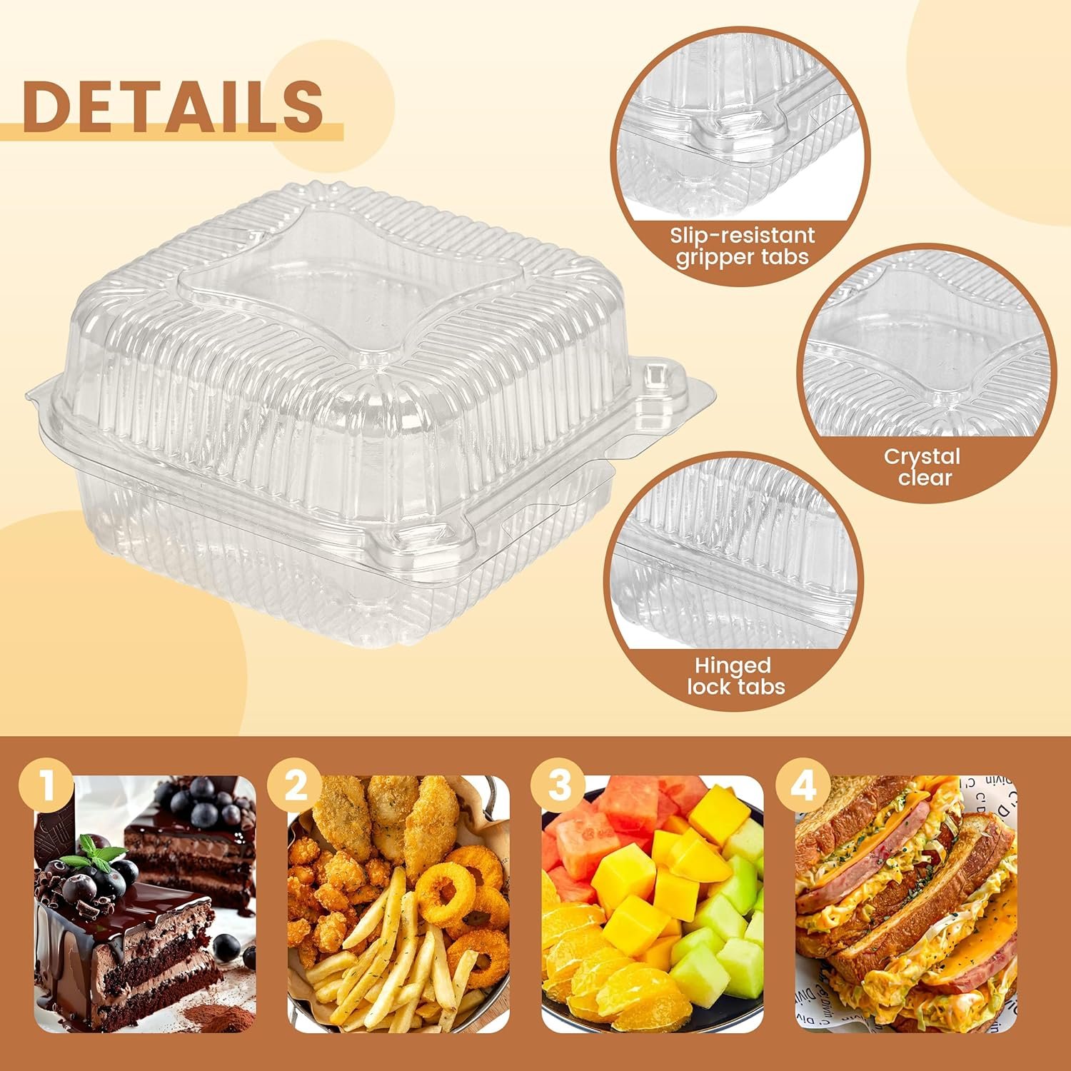 Grossiste Contenants alimentaires en plastique transparent renforcé à charnière, 25 pièces, 5.8 x 5.8 x 2.75 pouces, pour desserts, gâteaux, salades, pâtes, sandwichs, avec couvercles, Marque Blanche disponible, Fabricant.
