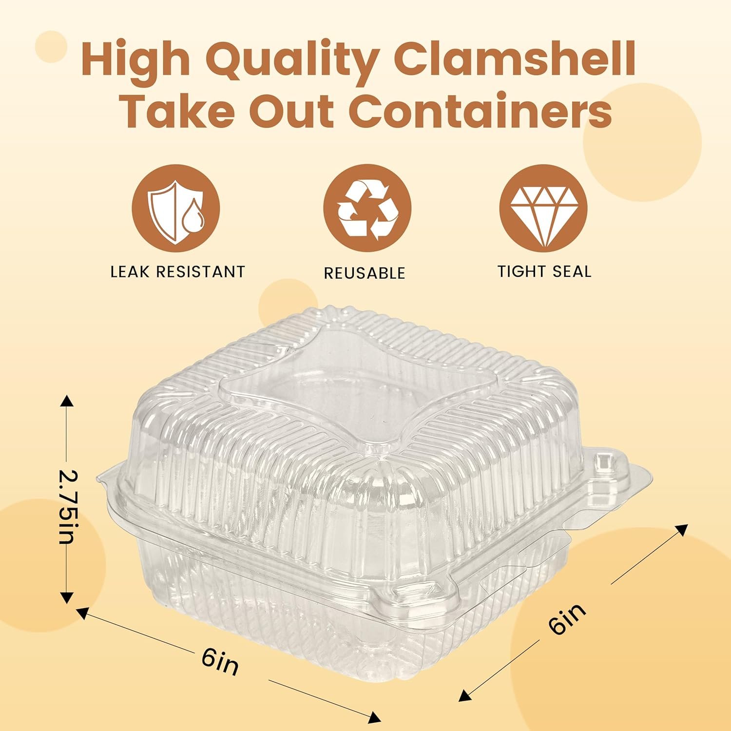 Grossiste Contenants alimentaires en plastique transparent renforcé à charnière, 25 pièces, 5.8 x 5.8 x 2.75 pouces, pour desserts, gâteaux, salades, pâtes, sandwichs, avec couvercles, Marque Blanche disponible, Fabricant.