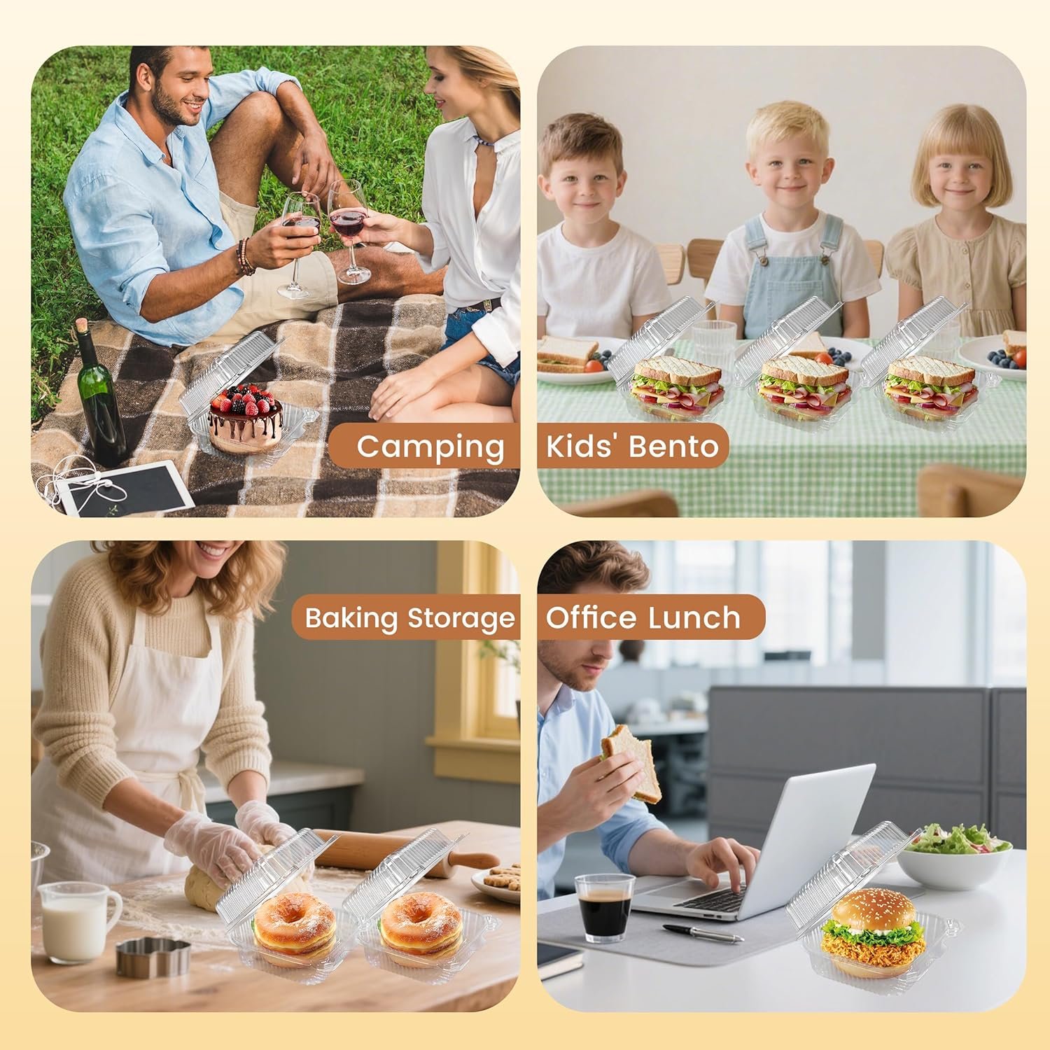 Grossiste Contenants alimentaires en plastique transparent renforcé à charnière, 25 pièces, 5.8 x 5.8 x 2.75 pouces, pour desserts, gâteaux, salades, pâtes, sandwichs, avec couvercles, Marque Blanche disponible, Fabricant.