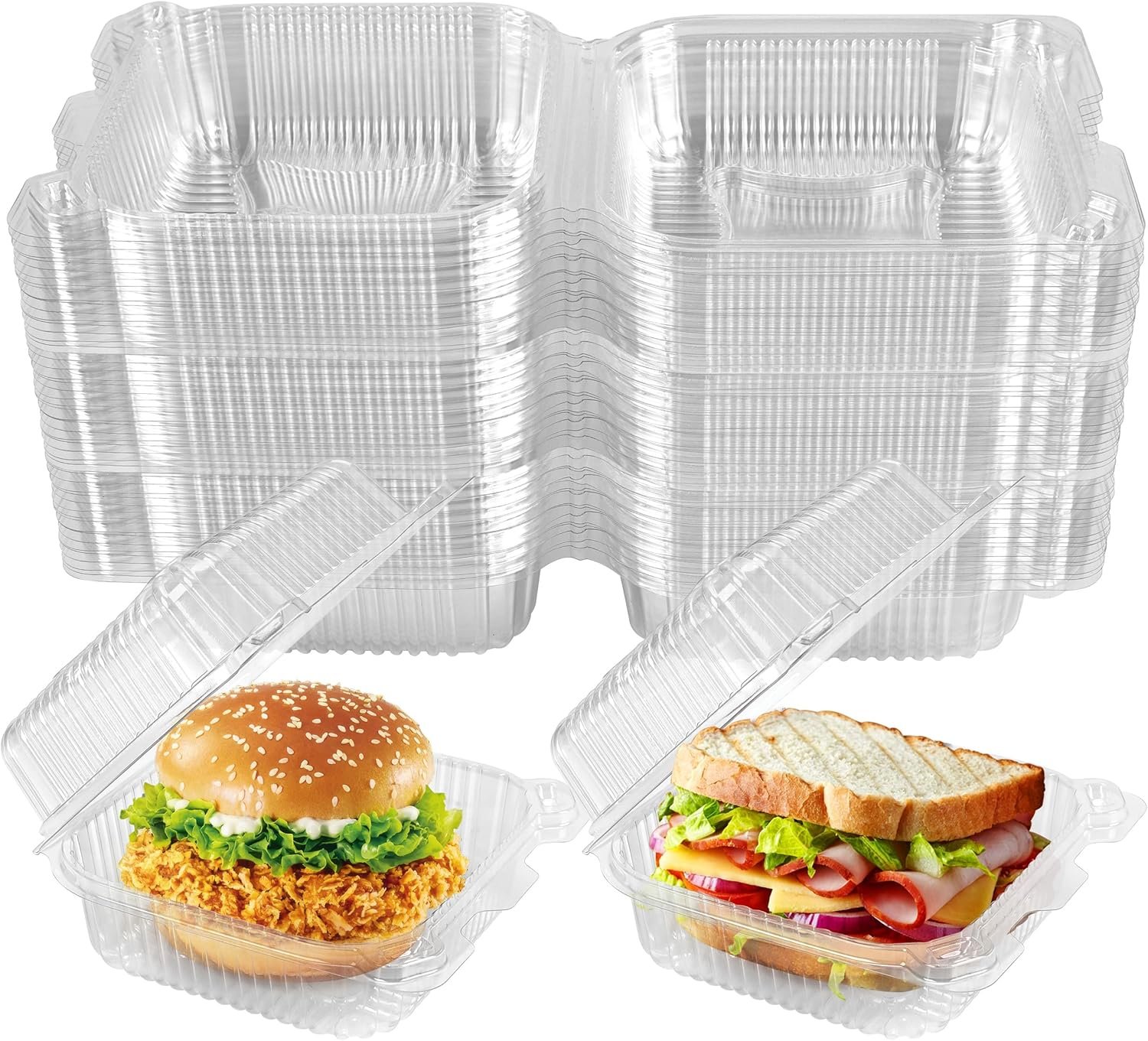 Grossiste Contenants alimentaires en plastique transparent renforcé à charnière, 25 pièces, 5.8 x 5.8 x 2.75 pouces, pour desserts, gâteaux, salades, pâtes, sandwichs, avec couvercles, Marque Blanche disponible, Fabricant.