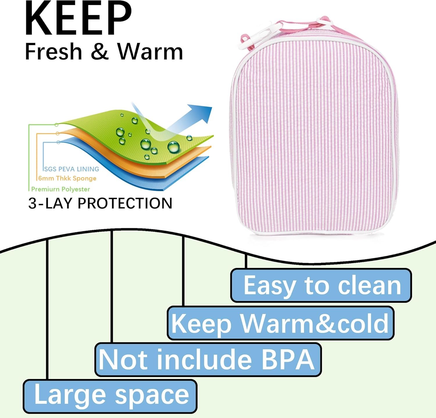 Sac à déjeuner isolé personnalisé avec broderie de nom, fournisseur en gros, motif à rayures seersucker, réutilisable. Sac à déjeuner isolé personnalisé avec broderie de nom, fournisseur en gros, motif à rayures seersucker, réutilisable.