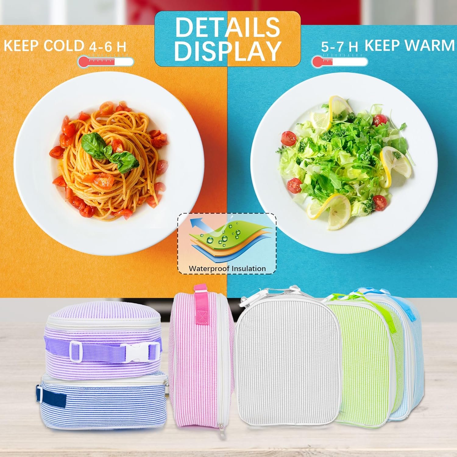 Sac à déjeuner isolé personnalisé avec broderie de nom, fournisseur en gros, motif à rayures seersucker, réutilisable. Sac à déjeuner isolé personnalisé avec broderie de nom, fournisseur en gros, motif à rayures seersucker, réutilisable.