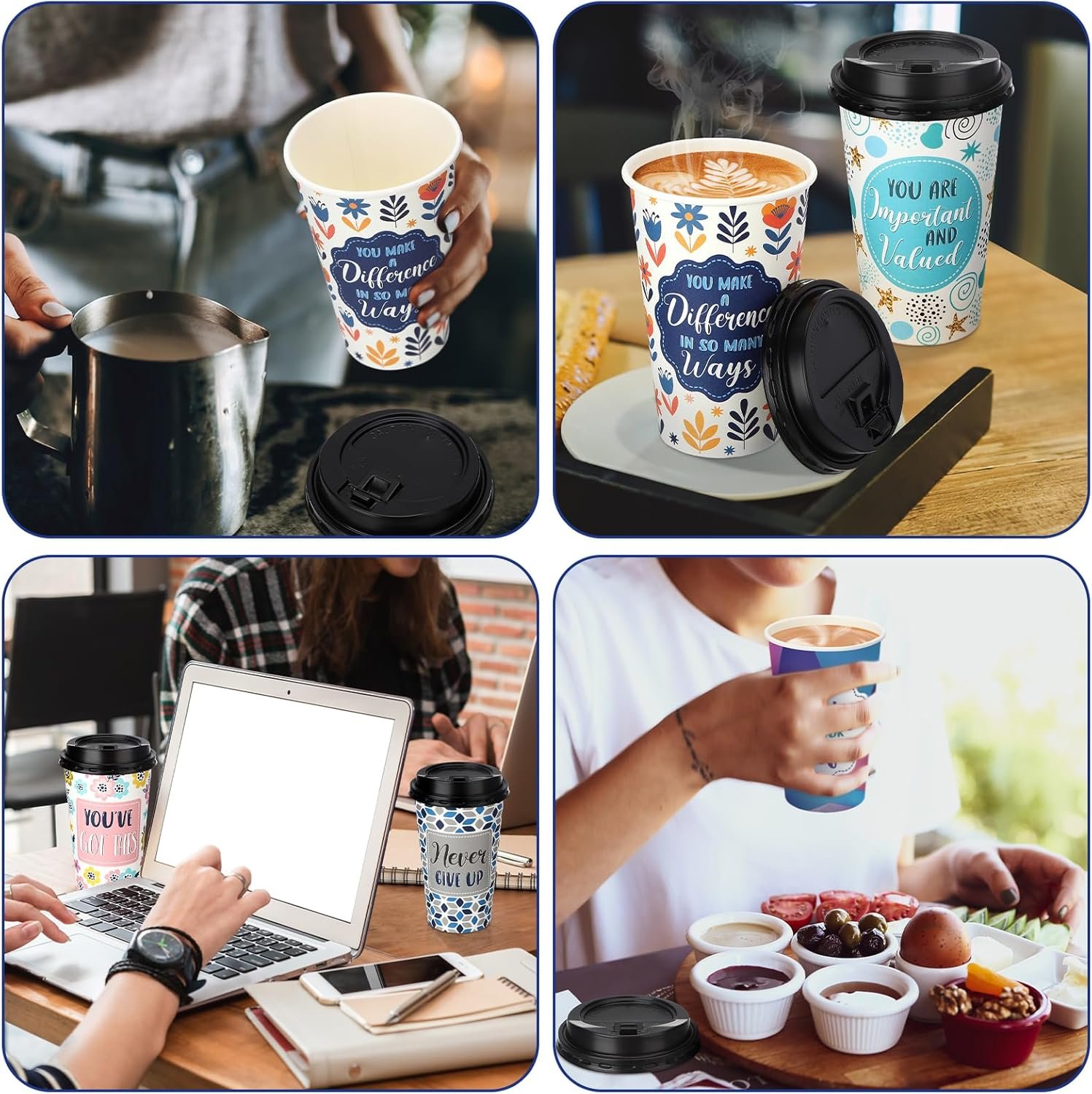 Grossiste 100 gobelets en papier jetables de 16 oz avec couvercles, idéal pour café, thé, eau, ou jus, logo personnalisé disponible, fournisseur pour boissons chaudes et froides en gros.