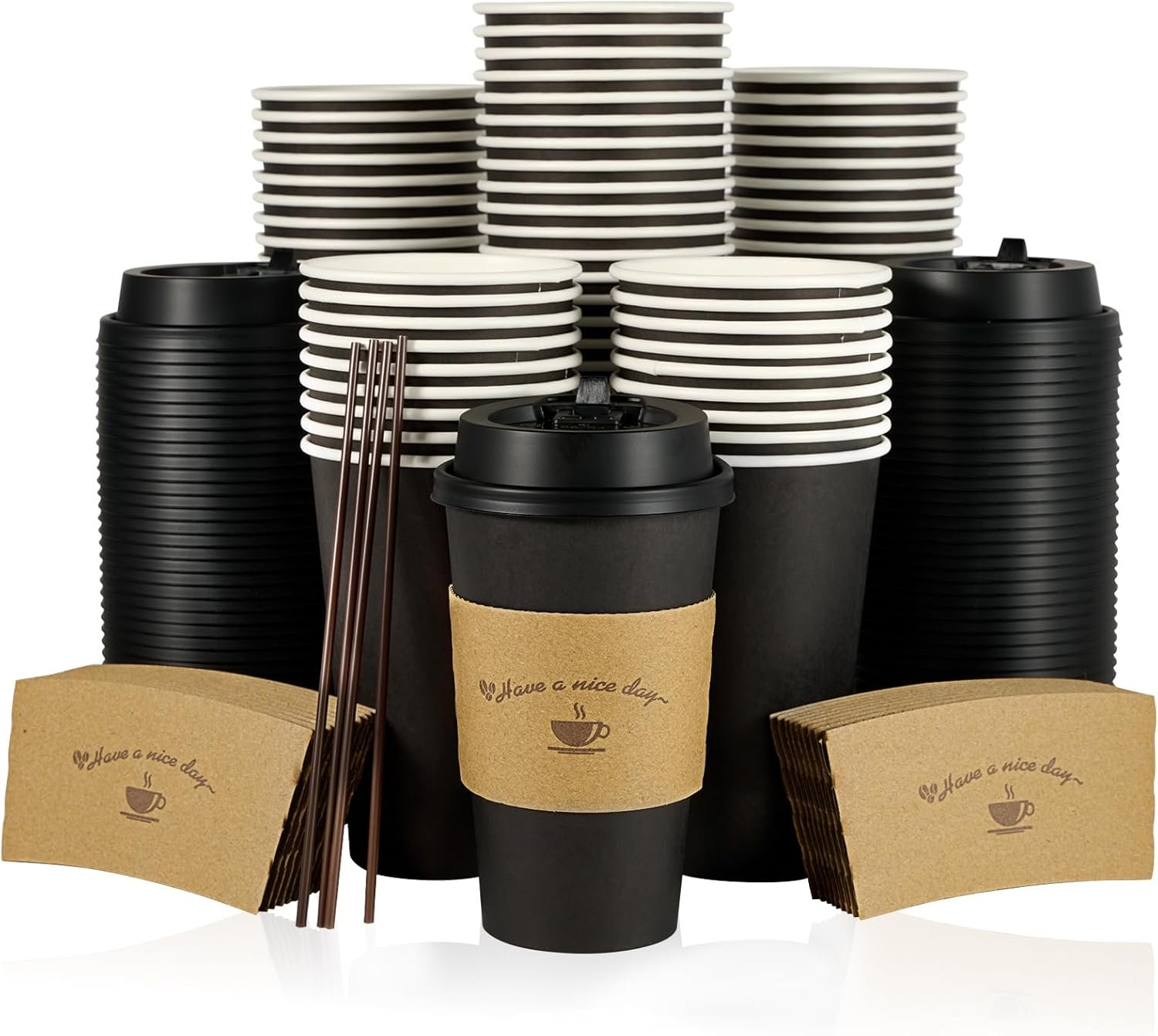 Grossiste gobelets en papier 16 oz avec couvercles et manches, café noir jetable, pour événements et voyages, Fabricant de solutions personnalisées, vente en gros disponibles.