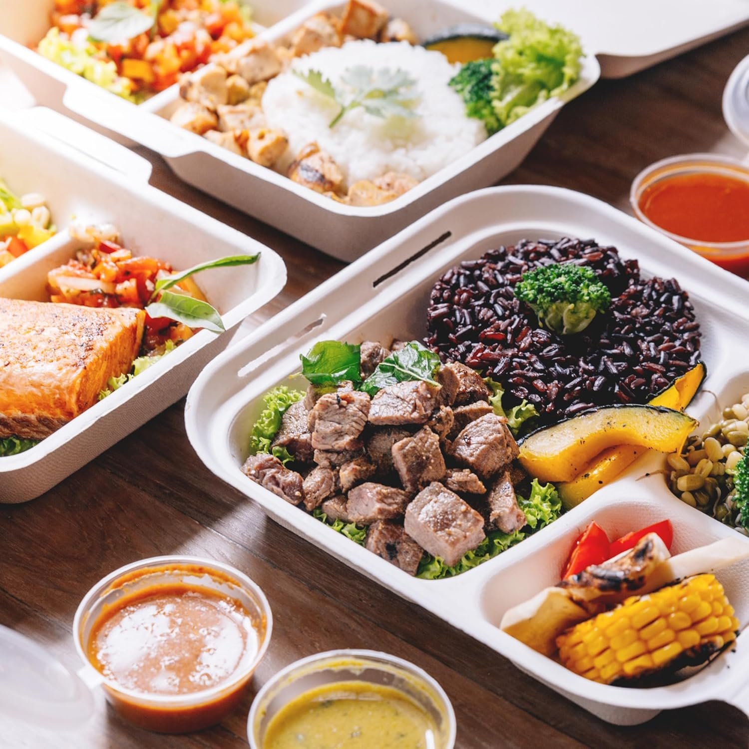 Containers alimentaires jetables en vrac avec couvercles [6x6 50-Pack], fabriqués à partir de canne à sucre biodégradable - Récipients en papier, adaptés pour micro-ondes et congélation, avec logo personnalisé, empilables.