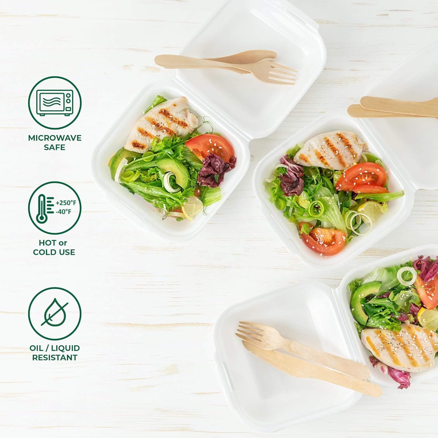 Containers alimentaires jetables en vrac avec couvercles [6x6 50-Pack], fabriqués à partir de canne à sucre biodégradable - Récipients en papier, adaptés pour micro-ondes et congélation, avec logo personnalisé, empilables.