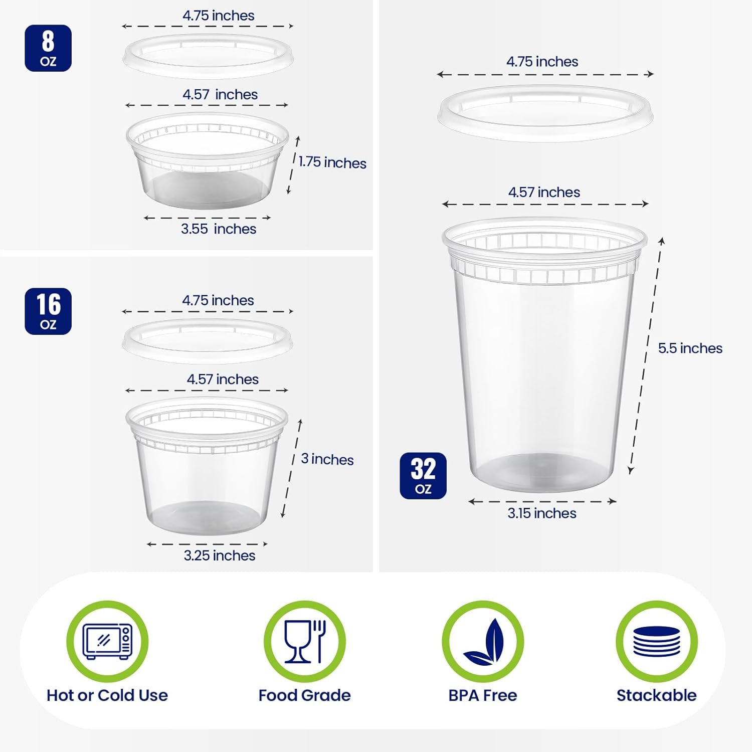 Grossiste de conteneurs alimentaires en plastique avec couvercles, assortiment de tailles (8 oz, 16 oz, 32 oz), pour stockage hermétique et utilisation au congélateur, au lave-vaisselle et au micro-ondes. Logo Personnalisé pour des contenants de soupe adaptés aux plats à emporter, fournis par un fabricant fiable. Vente en gros disponible.