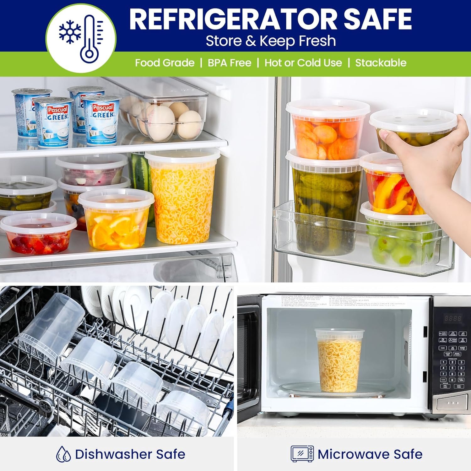 Grossiste de conteneurs alimentaires en plastique avec couvercles, assortiment de tailles (8 oz, 16 oz, 32 oz), pour stockage hermétique et utilisation au congélateur, au lave-vaisselle et au micro-ondes. Logo Personnalisé pour des contenants de soupe adaptés aux plats à emporter, fournis par un fabricant fiable. Vente en gros disponible.