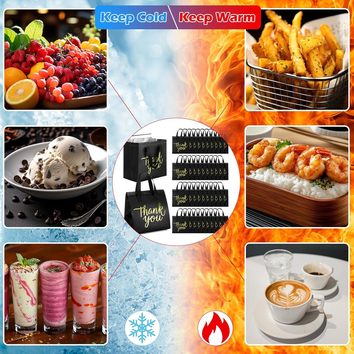 Grossiste Sacs isothermes pour la livraison de nourriture 80 pièces 9.5 x 9.5 x 6 pouces, Logo Personnalisé, Fabricant d'emballages thermiques pour aliments chauds et froids, café, lait, fruits de mer, pizza.